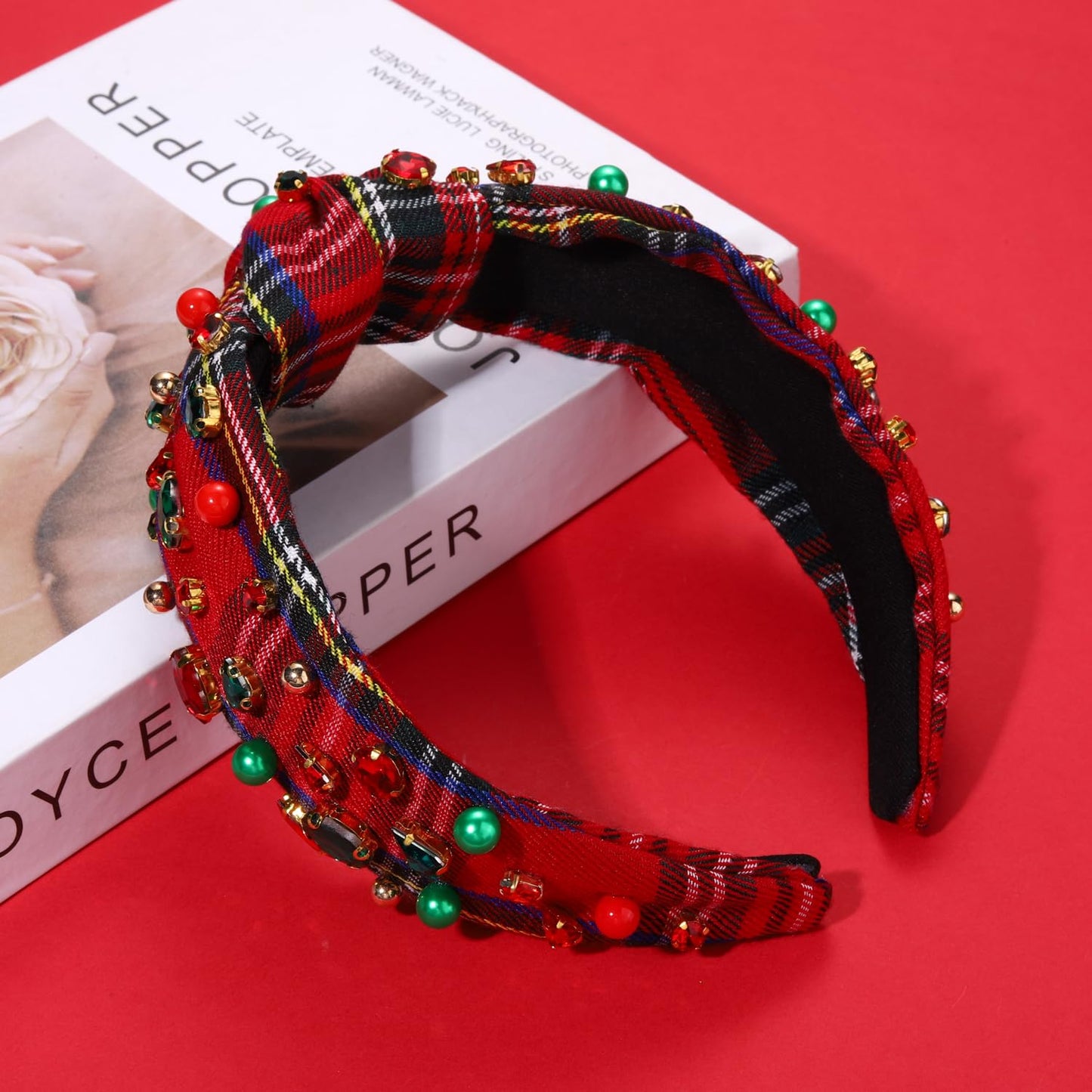 NVENF Jeweled Plaid Headband with Embellished Crystals and Pearls - Knotted Wide Top Knot Hair Accessory for Women, Holiday Outfits & Gifts