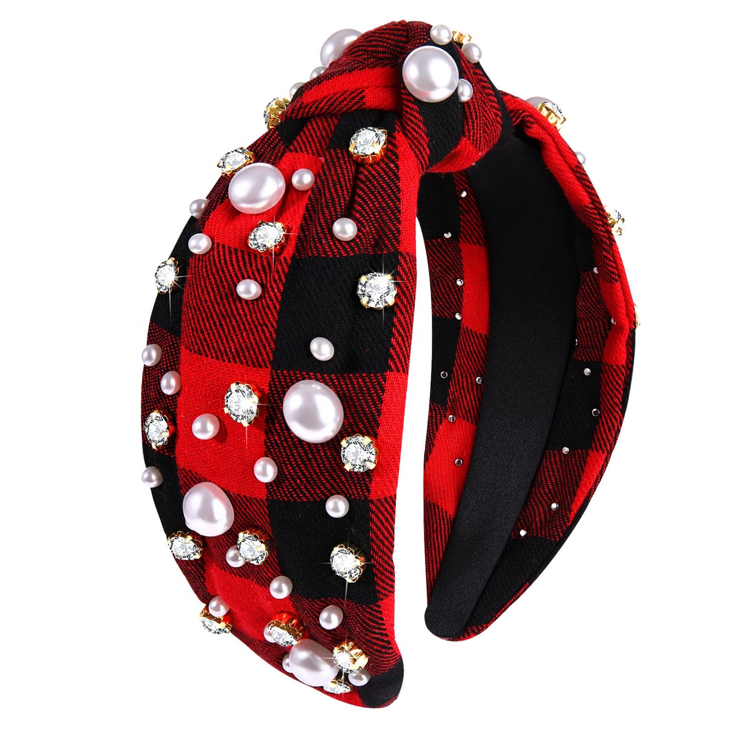 NVENF Jeweled Plaid Headband with Embellished Crystals and Pearls - Knotted Wide Top Knot Hair Accessory for Women, Holiday Outfits & Gifts
