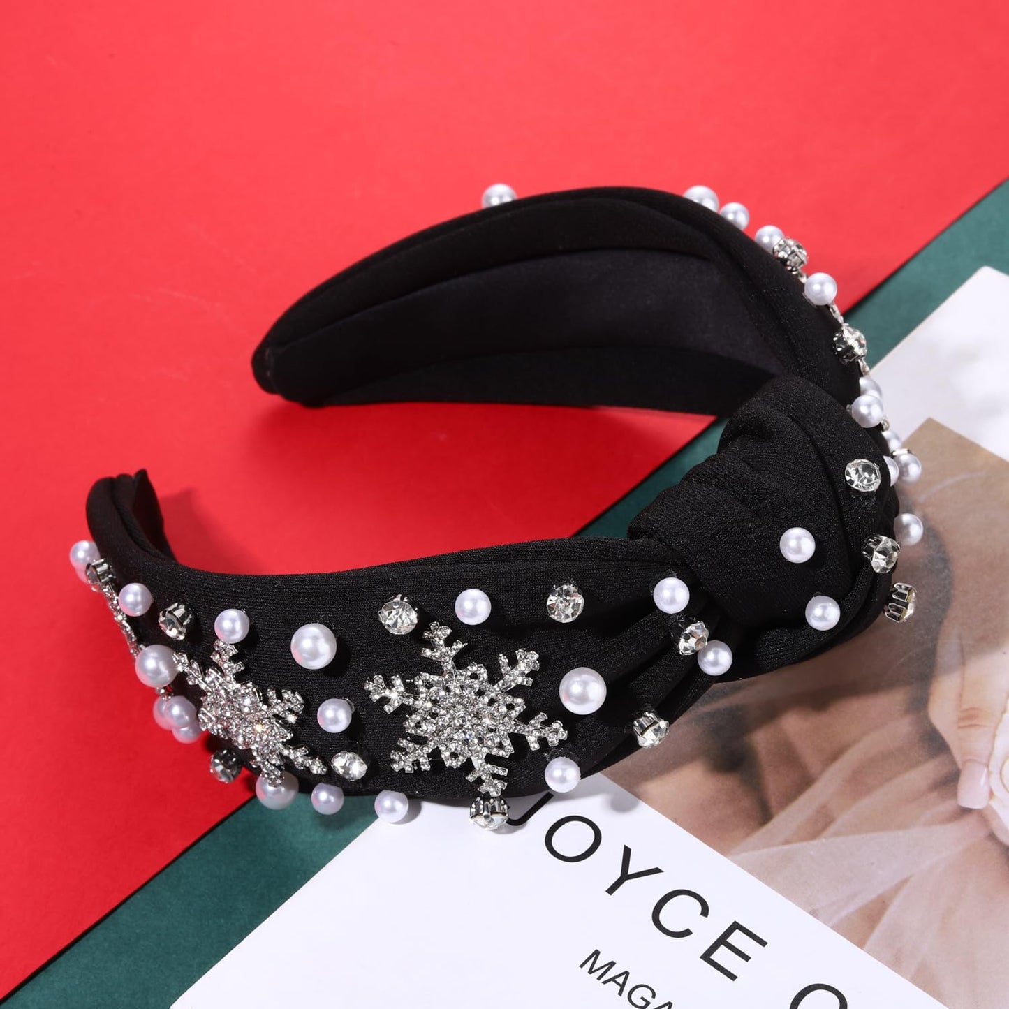 NVENF Jeweled Plaid Headband with Embellished Crystals and Pearls - Knotted Wide Top Knot Hair Accessory for Women, Holiday Outfits & Gifts