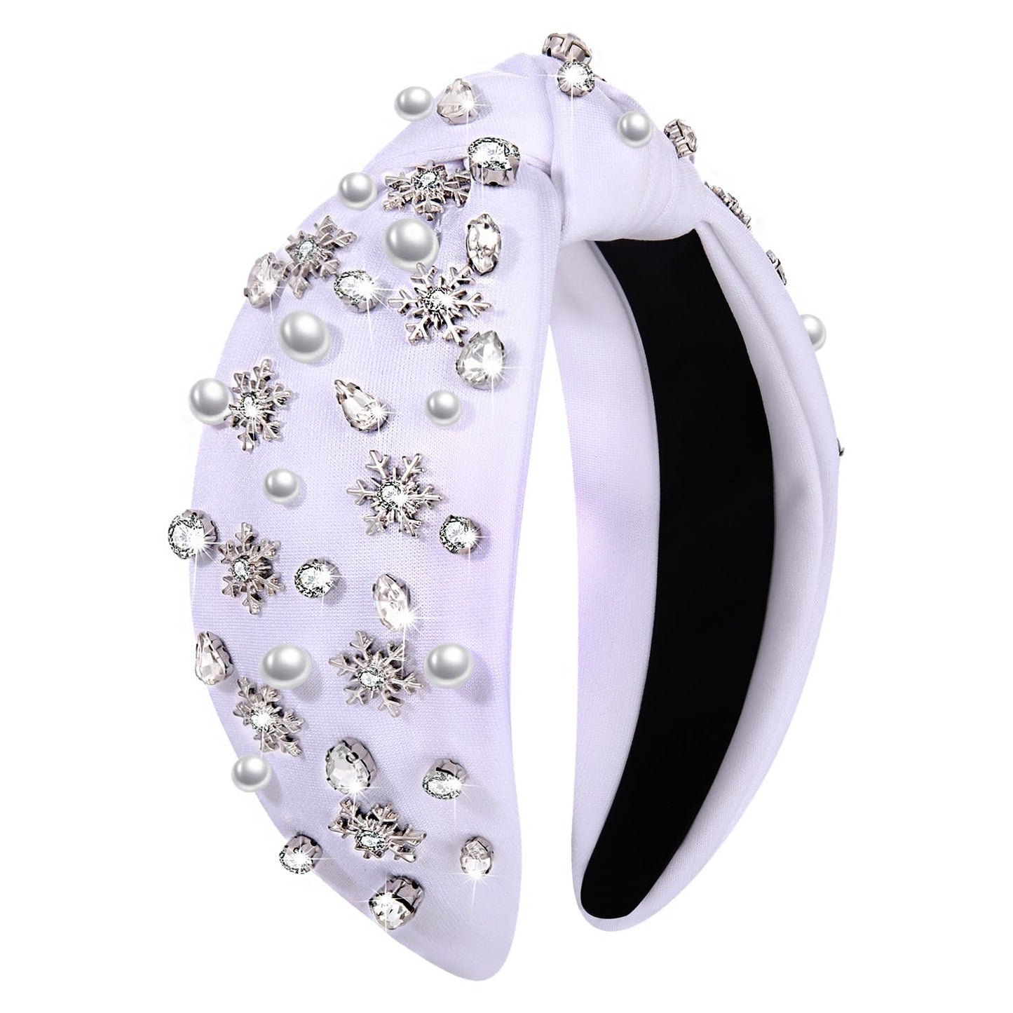 NVENF Jeweled Plaid Headband with Embellished Crystals and Pearls - Knotted Wide Top Knot Hair Accessory for Women, Holiday Outfits & Gifts