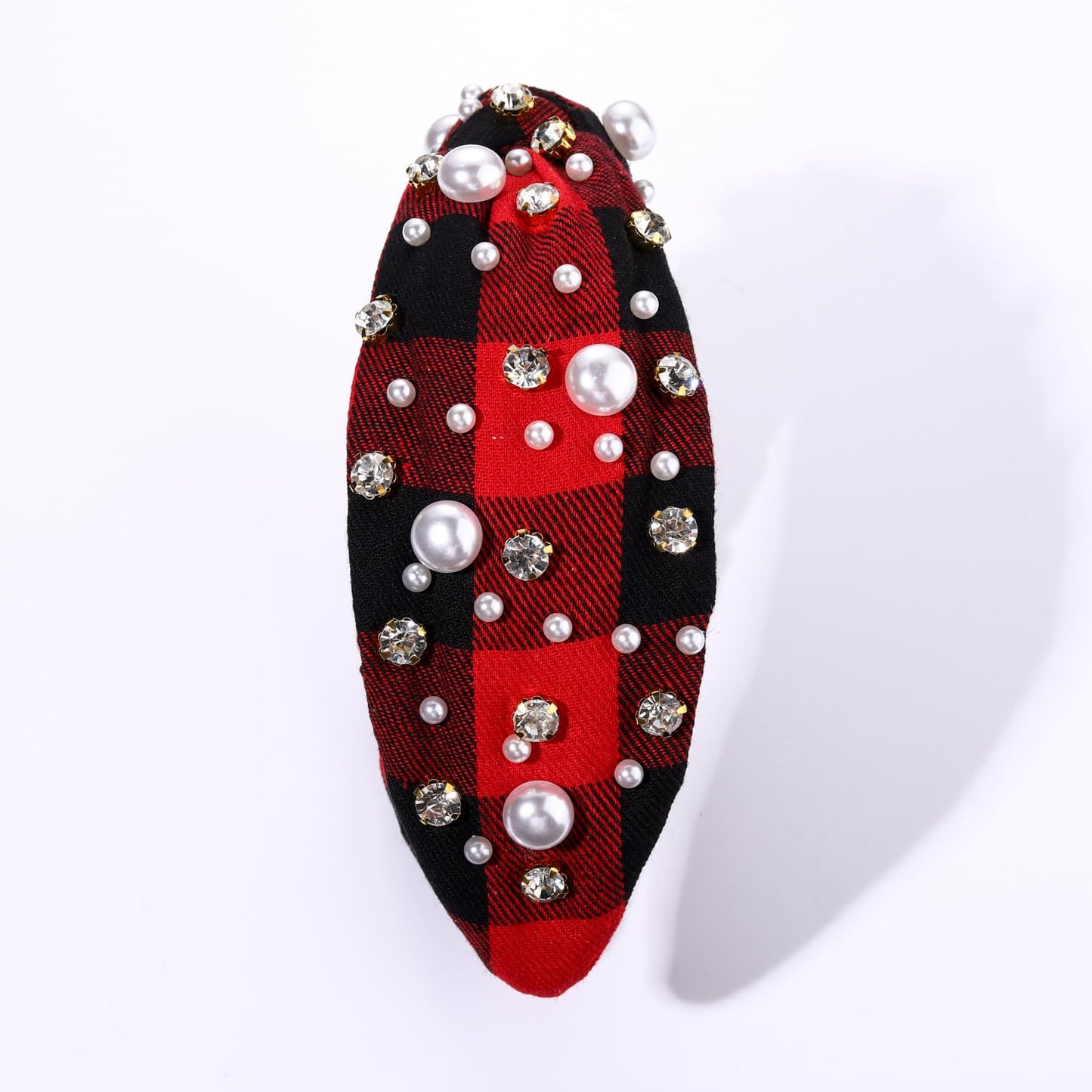 NVENF Jeweled Plaid Headband with Embellished Crystals and Pearls - Knotted Wide Top Knot Hair Accessory for Women, Holiday Outfits & Gifts