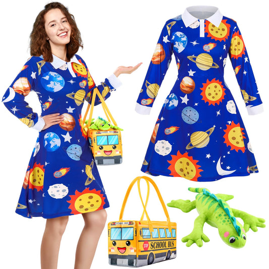 ramede 3 Pcs Women Halloween Teacher Costume Set Vintage Long Sleeve Dress with School Bus Bag for Halloween Role Play Party