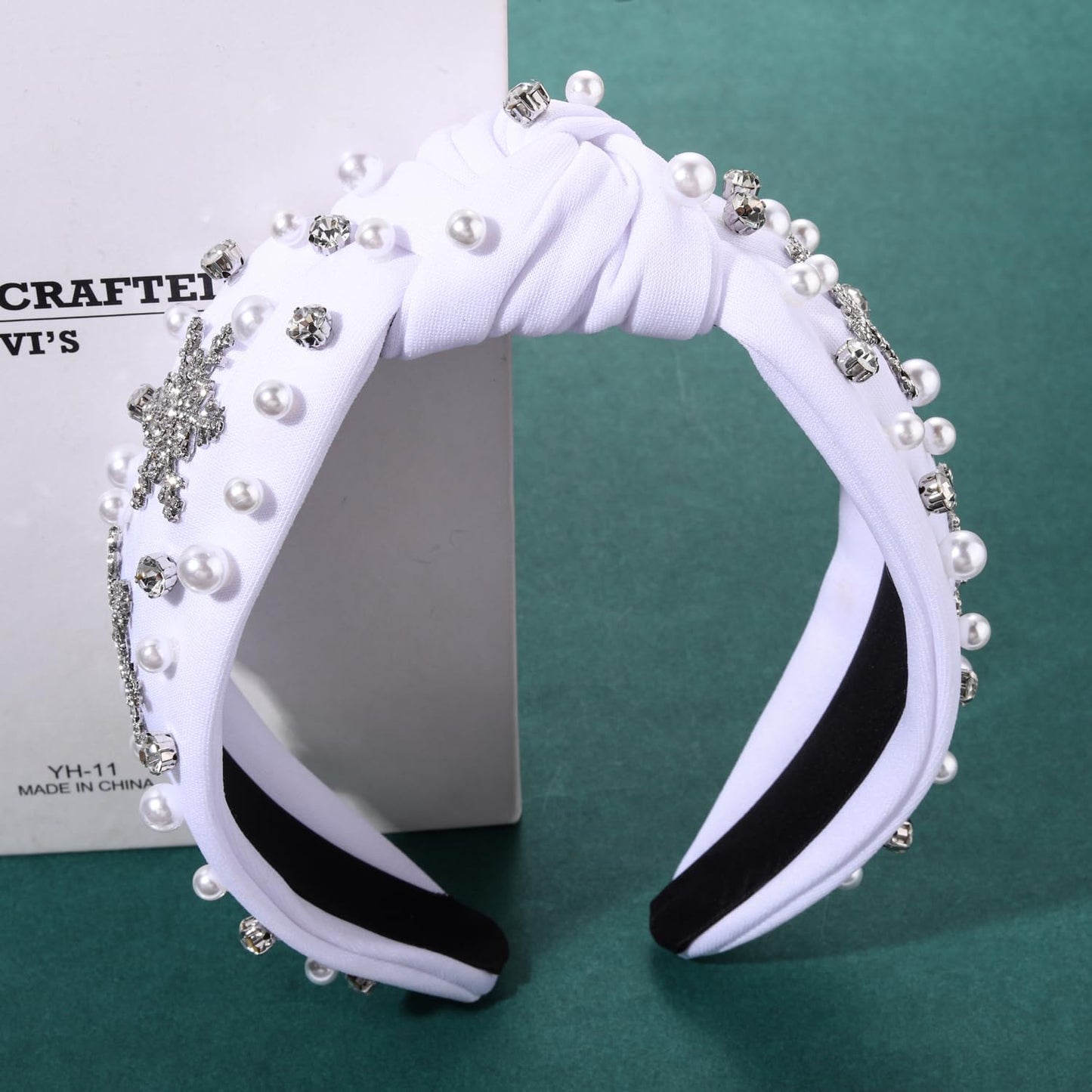 NVENF Jeweled Plaid Headband with Embellished Crystals and Pearls - Knotted Wide Top Knot Hair Accessory for Women, Holiday Outfits & Gifts