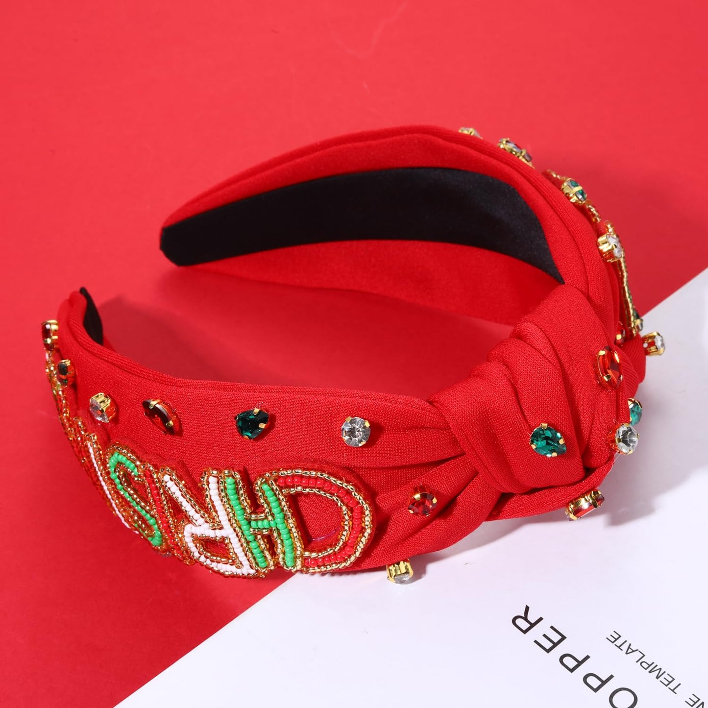 NVENF Jeweled Plaid Headband with Embellished Crystals and Pearls - Knotted Wide Top Knot Hair Accessory for Women, Holiday Outfits & Gifts