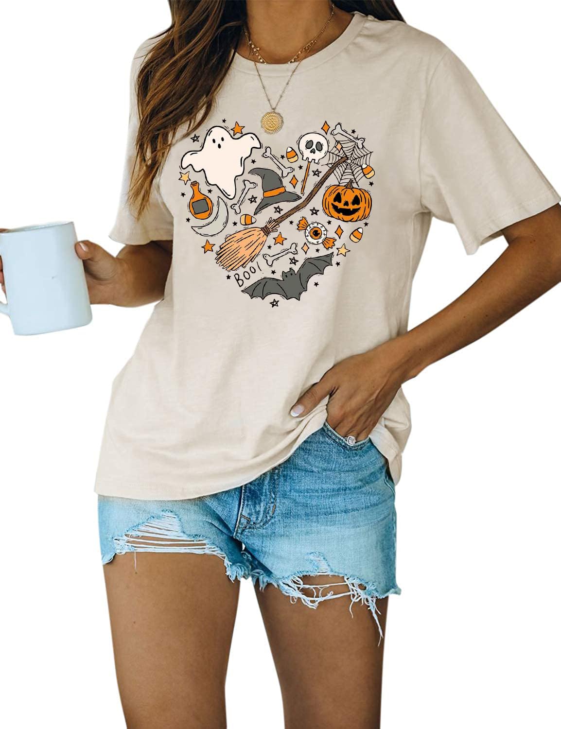Halloween Doodles Shirt for Women Cute Vintage Graphic Halloween Party Tshirt Short Sleeve Fall Season Tees