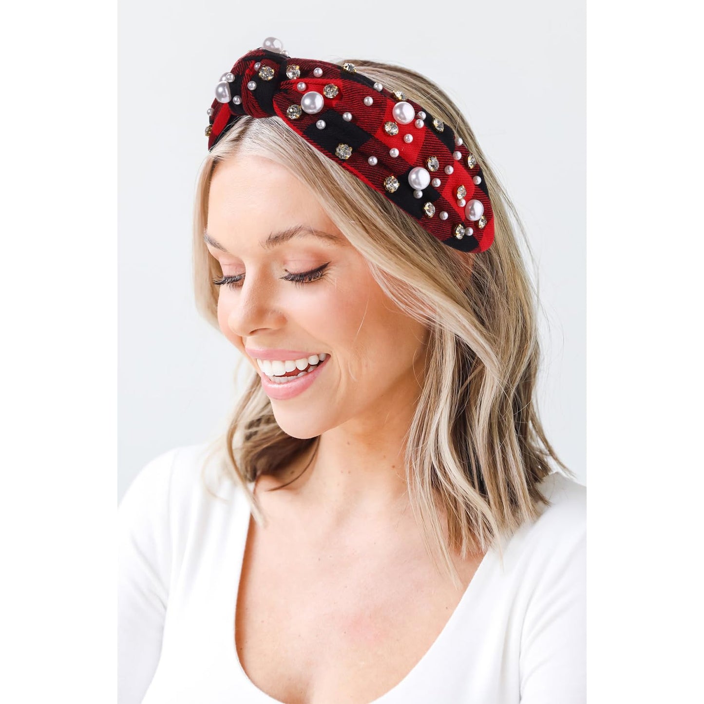 NVENF Jeweled Plaid Headband with Embellished Crystals and Pearls - Knotted Wide Top Knot Hair Accessory for Women, Holiday Outfits & Gifts