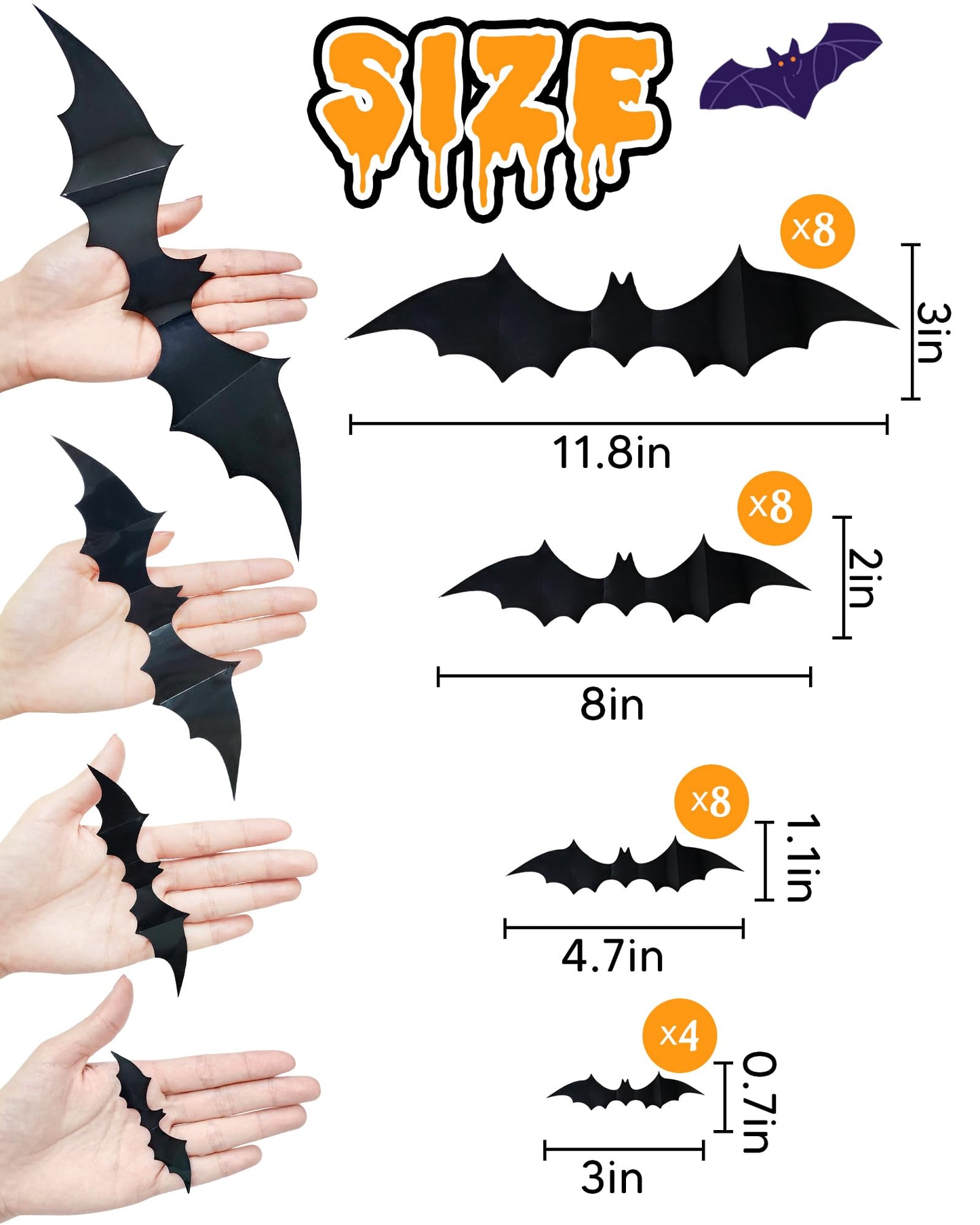 120 Pcs Halloween Decorations 3D Bats Decor, 4 Sizes Scary Halloween Decor Indoor Bat Stickers Halloween Decorations for Bedroom Bathroom Door Wall Decor Halloween Party Decorations