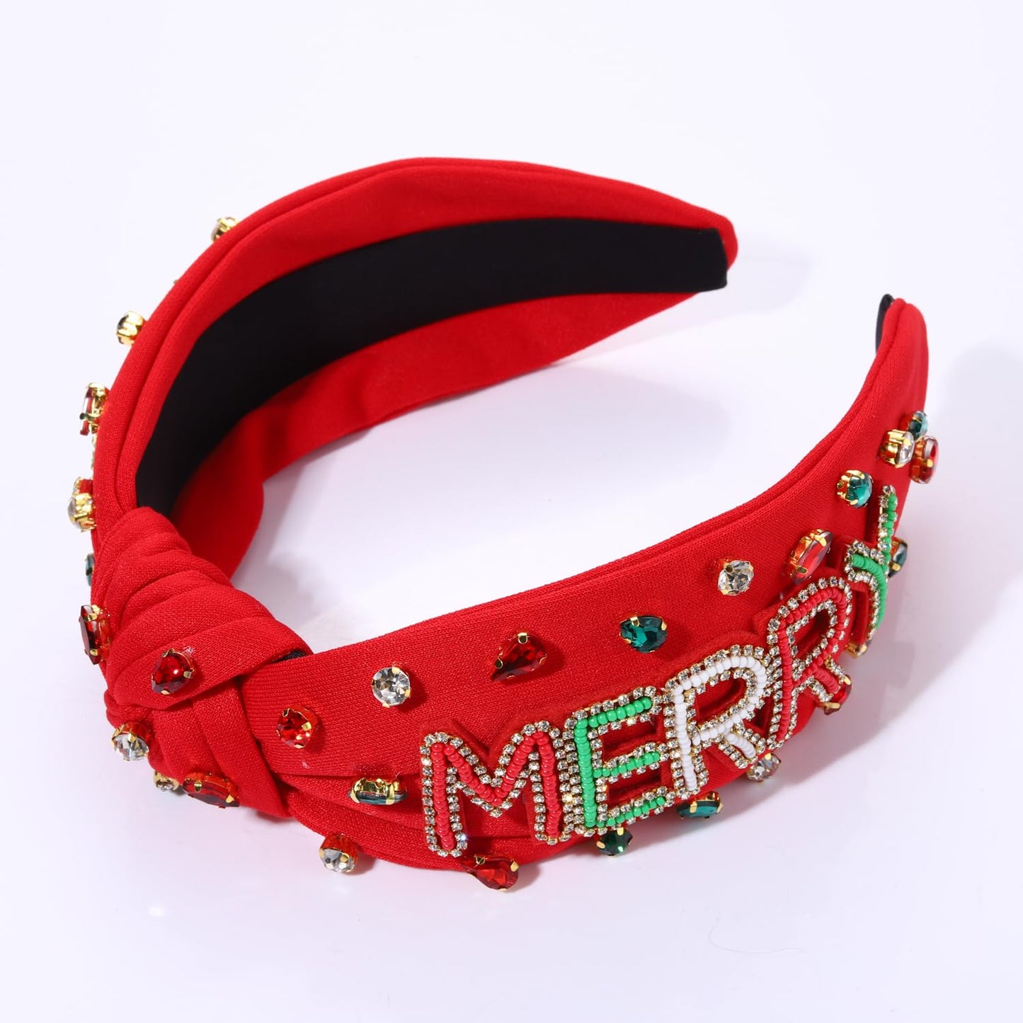 NVENF Jeweled Plaid Headband with Embellished Crystals and Pearls - Knotted Wide Top Knot Hair Accessory for Women, Holiday Outfits & Gifts