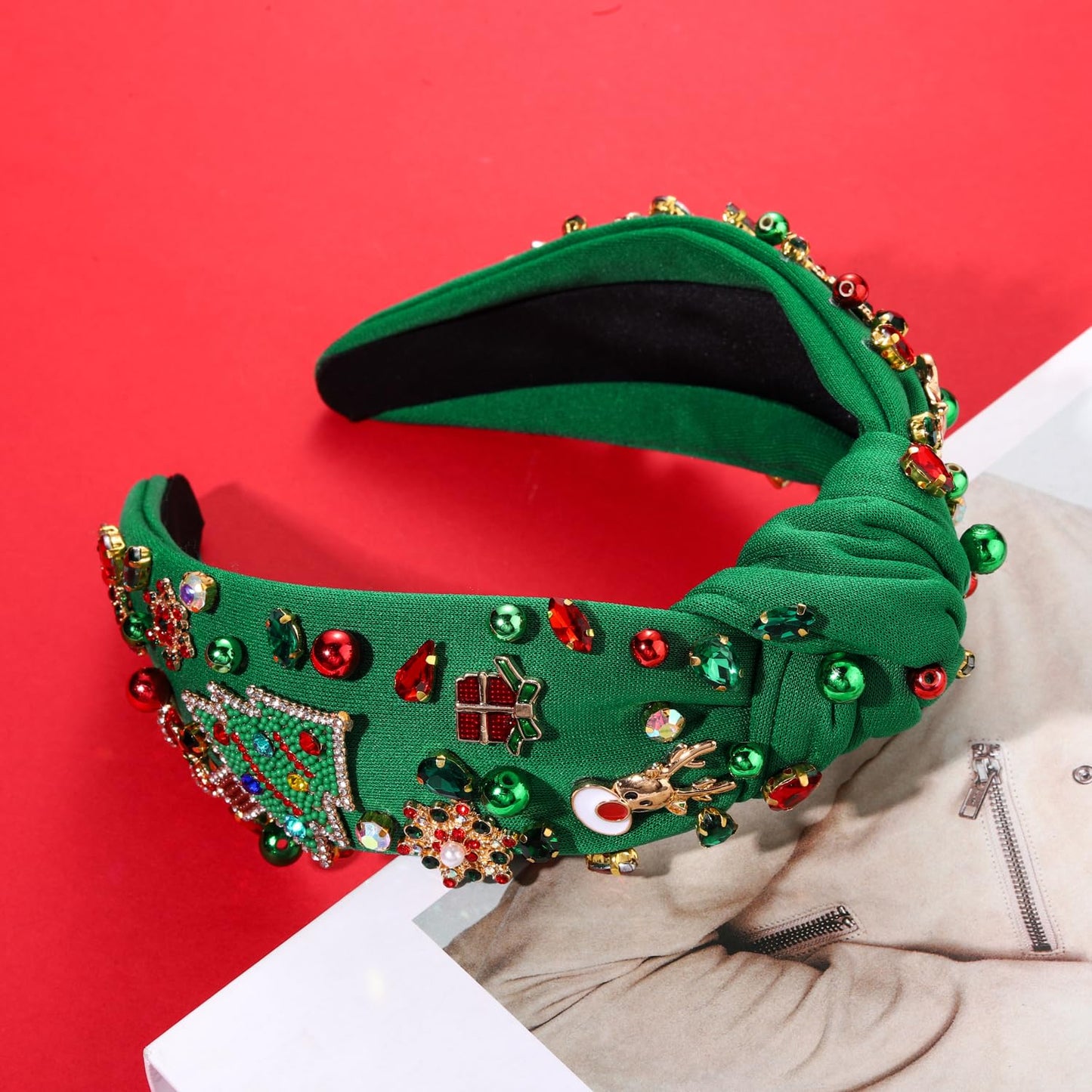 NVENF Jeweled Plaid Headband with Embellished Crystals and Pearls - Knotted Wide Top Knot Hair Accessory for Women, Holiday Outfits & Gifts