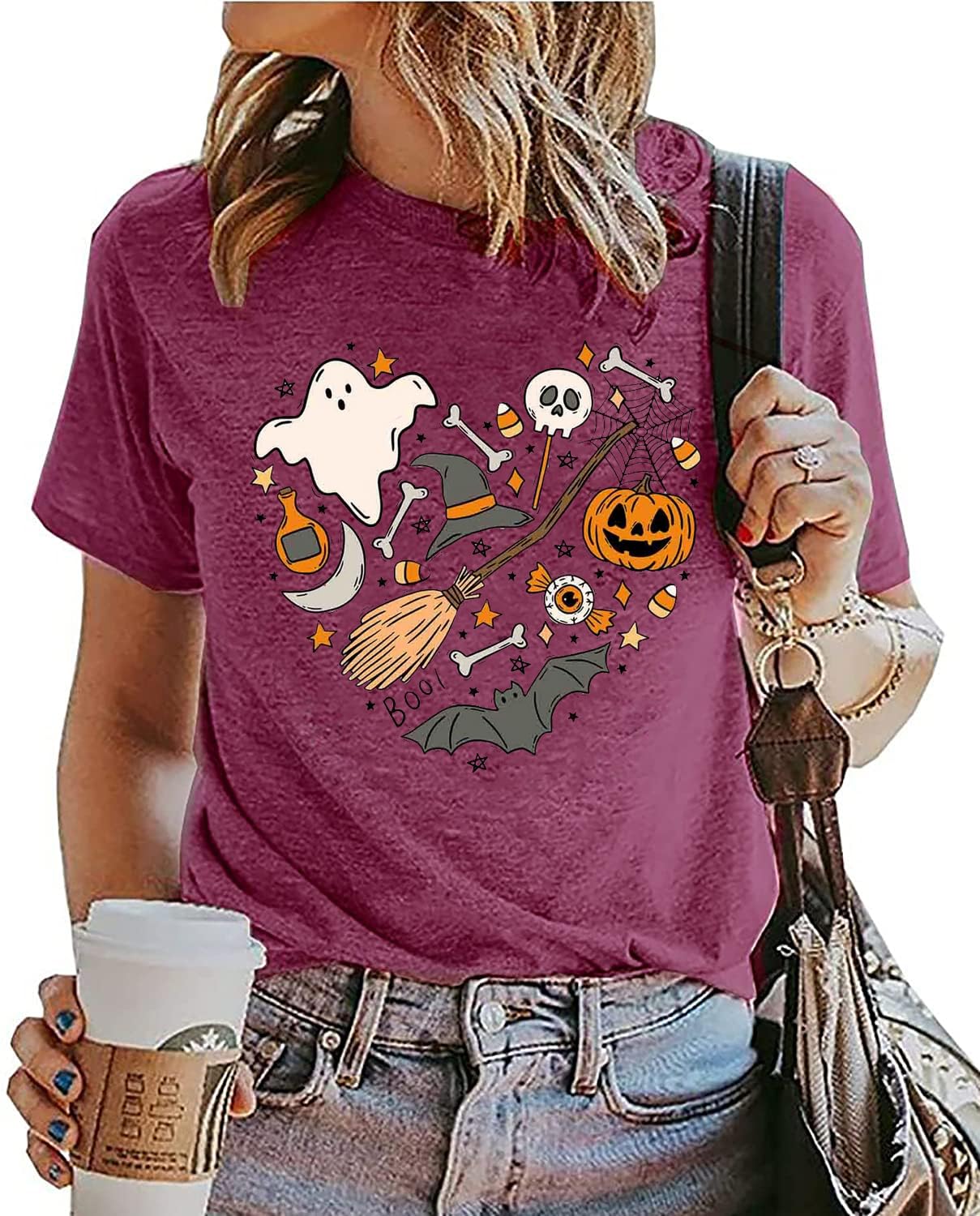 Halloween Doodles Shirt for Women Cute Vintage Graphic Halloween Party Tshirt Short Sleeve Fall Season Tees