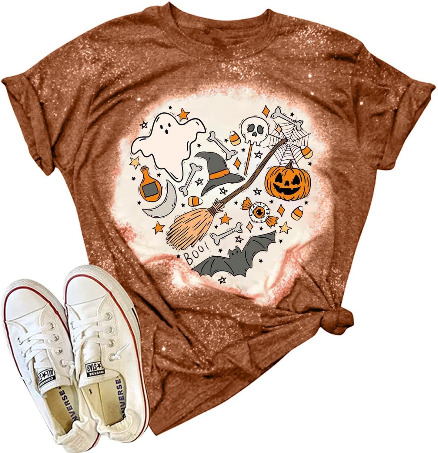 Halloween Doodles Shirt for Women Cute Vintage Graphic Halloween Party Tshirt Short Sleeve Fall Season Tees