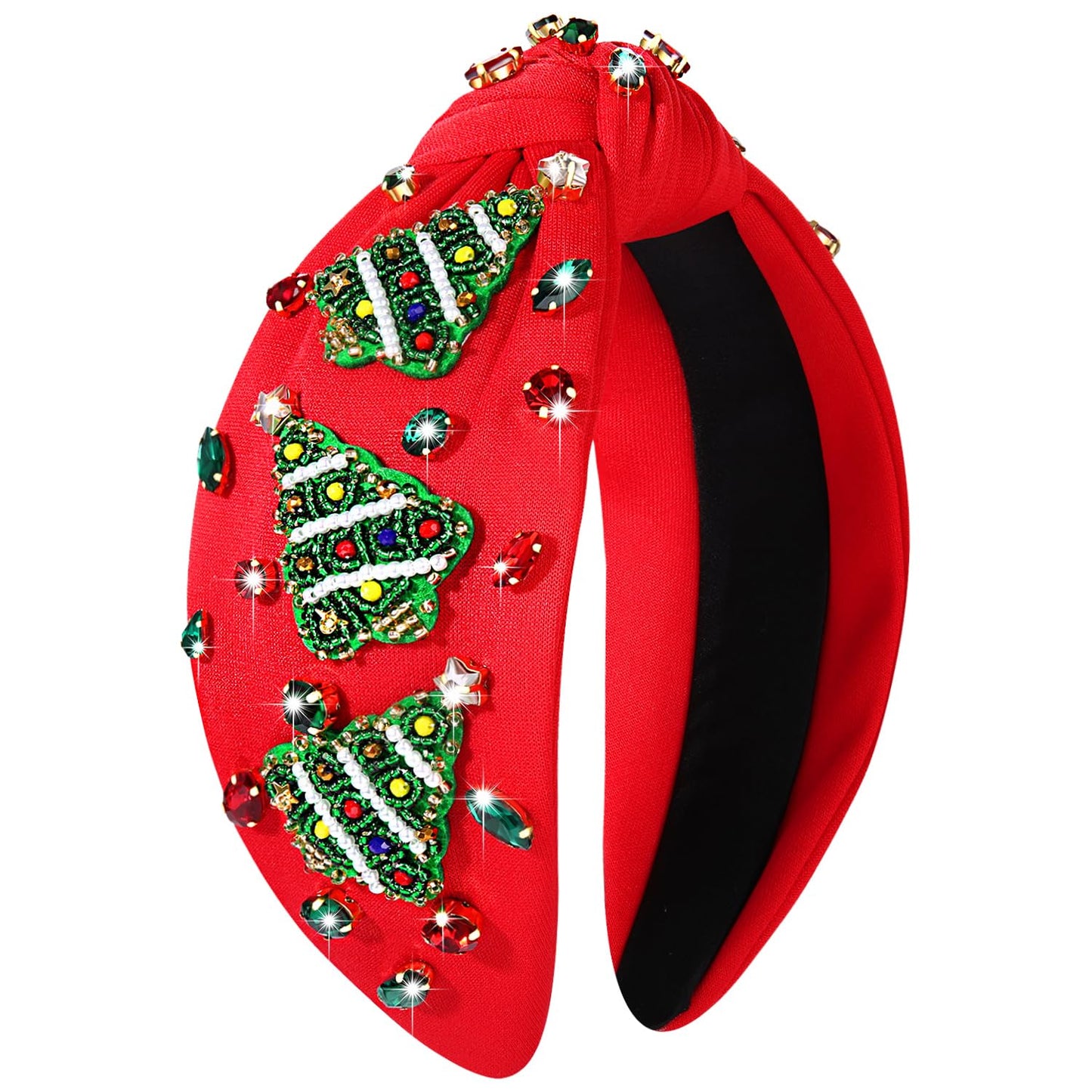 NVENF Jeweled Plaid Headband with Embellished Crystals and Pearls - Knotted Wide Top Knot Hair Accessory for Women, Holiday Outfits & Gifts