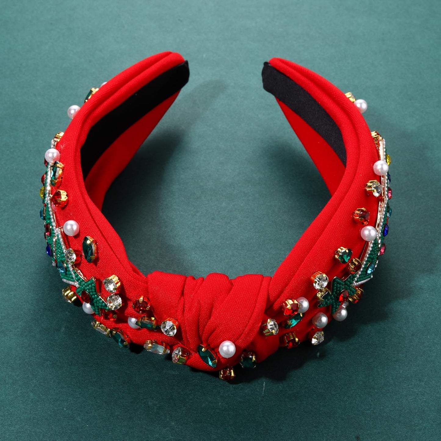 NVENF Jeweled Plaid Headband with Embellished Crystals and Pearls - Knotted Wide Top Knot Hair Accessory for Women, Holiday Outfits & Gifts