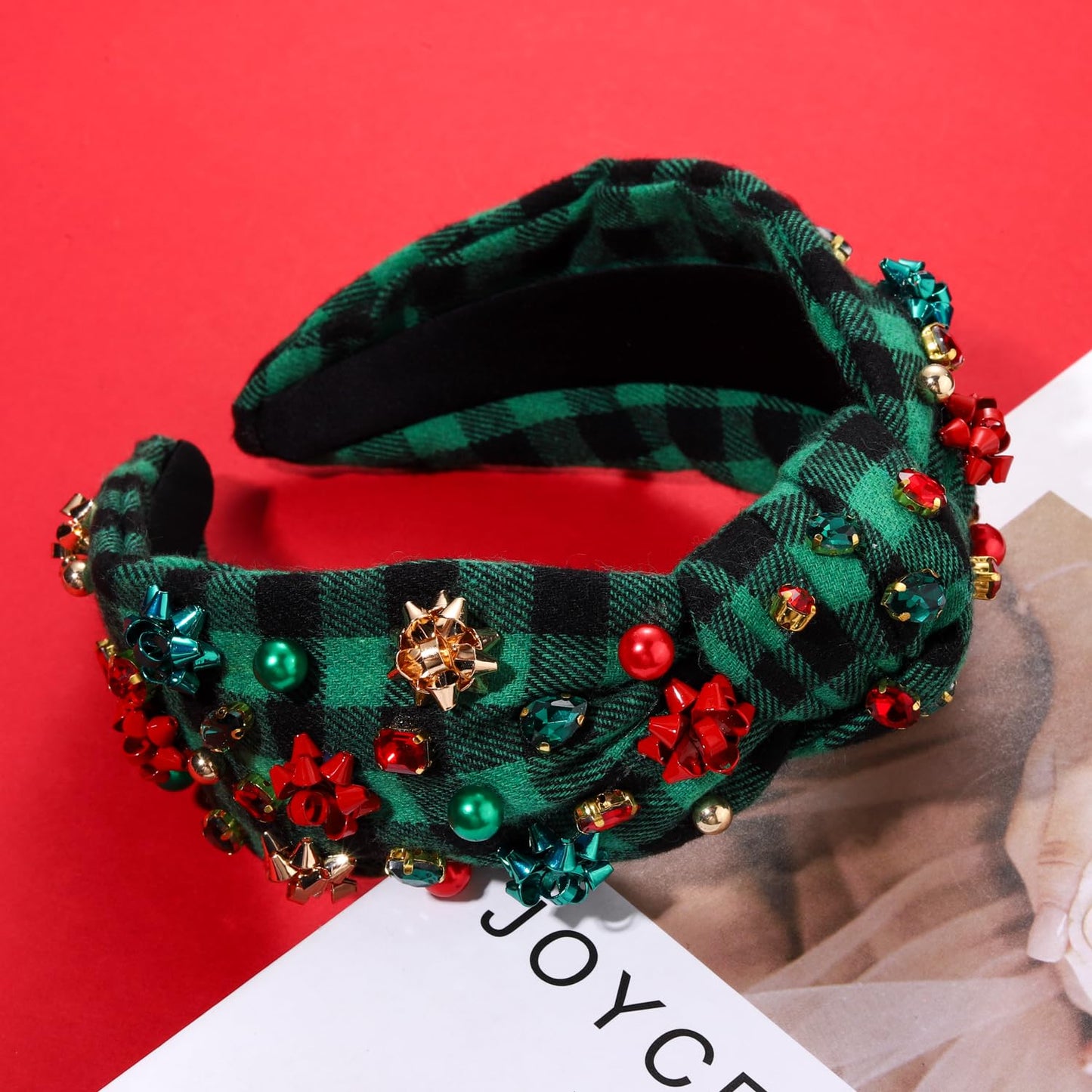 NVENF Jeweled Plaid Headband with Embellished Crystals and Pearls - Knotted Wide Top Knot Hair Accessory for Women, Holiday Outfits & Gifts