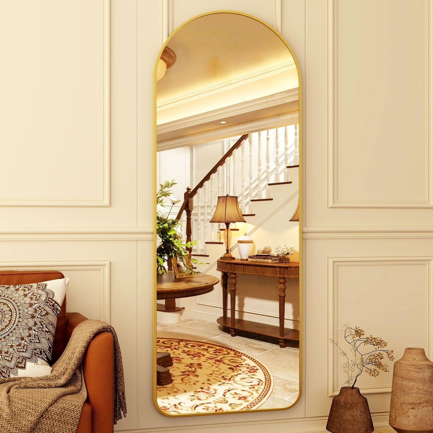 HARRITPURE 64"x21" Arched Full Length Mirror Free Standing Leaning Mirror Hanging Mounted Mirror Aluminum Frame Modern Simple Home Decor for Living Room Bedroom Cloakroom, Gold