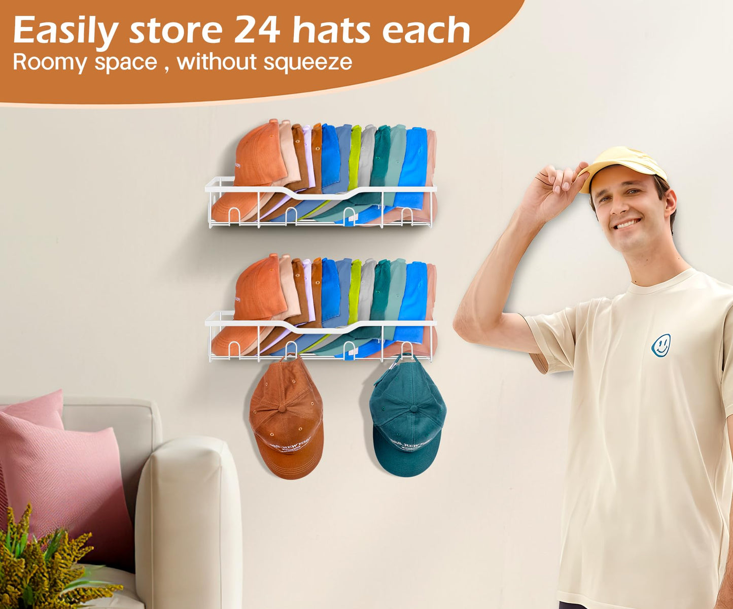 KEETDY Metal Hat Racks for Baseball Caps Wall Hat Organizer Fit 20 Caps Holder, 2 Packs Sturdy Wall Mounted Hat Storage Organizer, Black