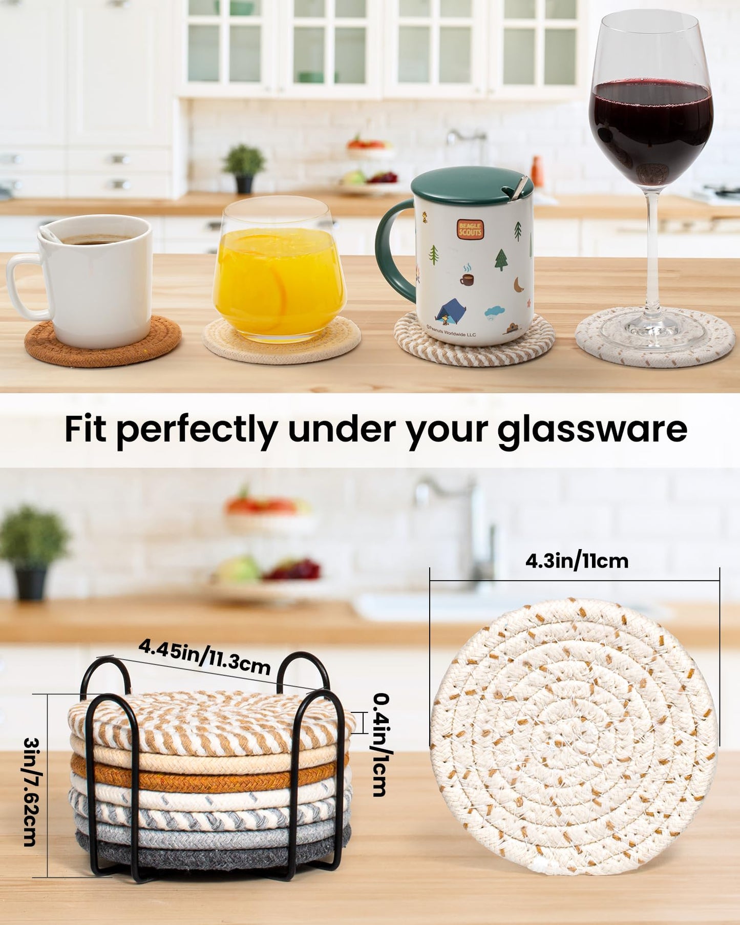 8 Pcs Drink Coasters with Holder, 8 Colors Absorbent Coasters for Drinks Minimalist Cup Coasters Cotton Coaster Set Woven Coasters for Coffee Table Home Decor Bar Housewarming Gift, 4.3 Inch