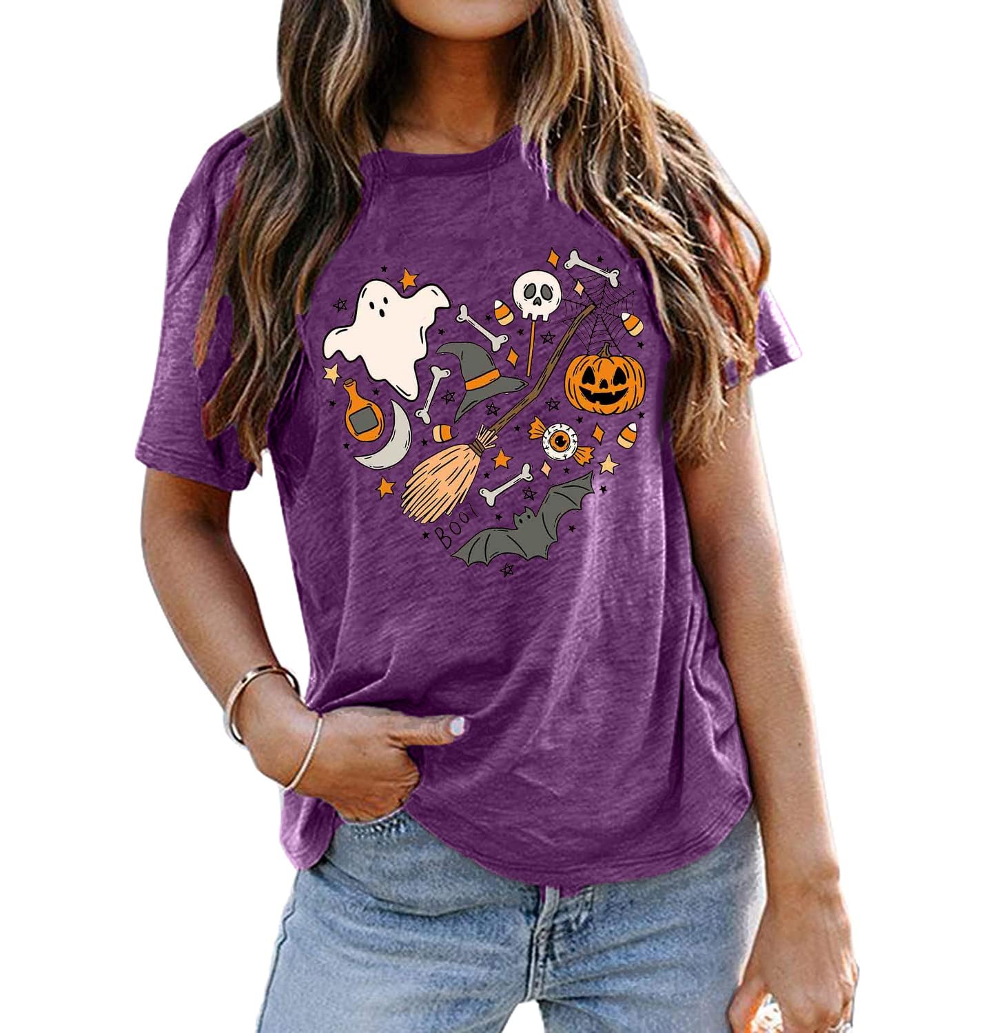 Halloween Doodles Shirt for Women Cute Vintage Graphic Halloween Party Tshirt Short Sleeve Fall Season Tees
