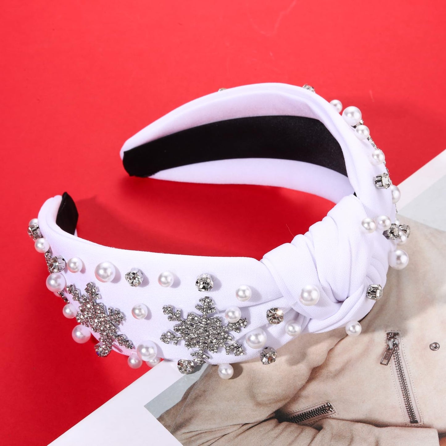 NVENF Jeweled Plaid Headband with Embellished Crystals and Pearls - Knotted Wide Top Knot Hair Accessory for Women, Holiday Outfits & Gifts