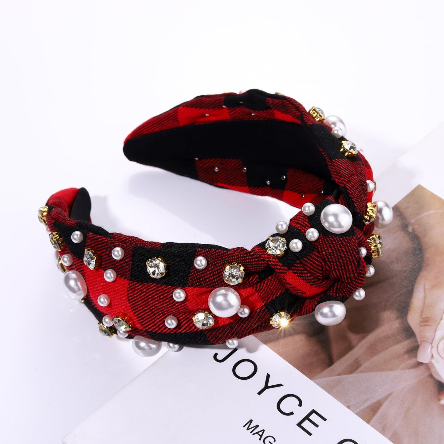 NVENF Jeweled Plaid Headband with Embellished Crystals and Pearls - Knotted Wide Top Knot Hair Accessory for Women, Holiday Outfits & Gifts