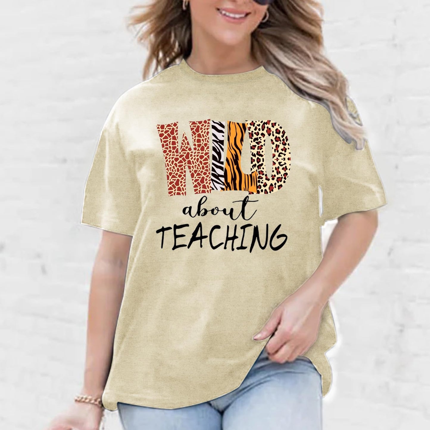 Womens Teacher Shirts Wild About Teaching Leopard Print T-Shirt Teacher Life Tee Top