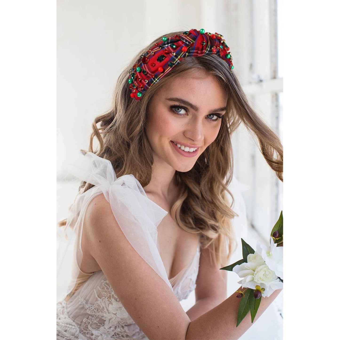NVENF Jeweled Plaid Headband with Embellished Crystals and Pearls - Knotted Wide Top Knot Hair Accessory for Women, Holiday Outfits & Gifts