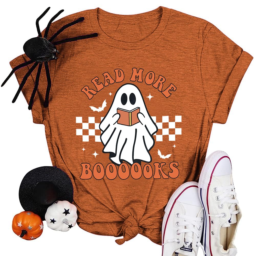 Halloween Teacher Shirts for Women Groovy Read More Books Ghost T-Shirt Short Sleeve Halloween Party Tee Tops