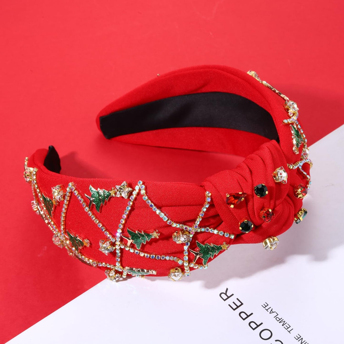 NVENF Jeweled Plaid Headband with Embellished Crystals and Pearls - Knotted Wide Top Knot Hair Accessory for Women, Holiday Outfits & Gifts