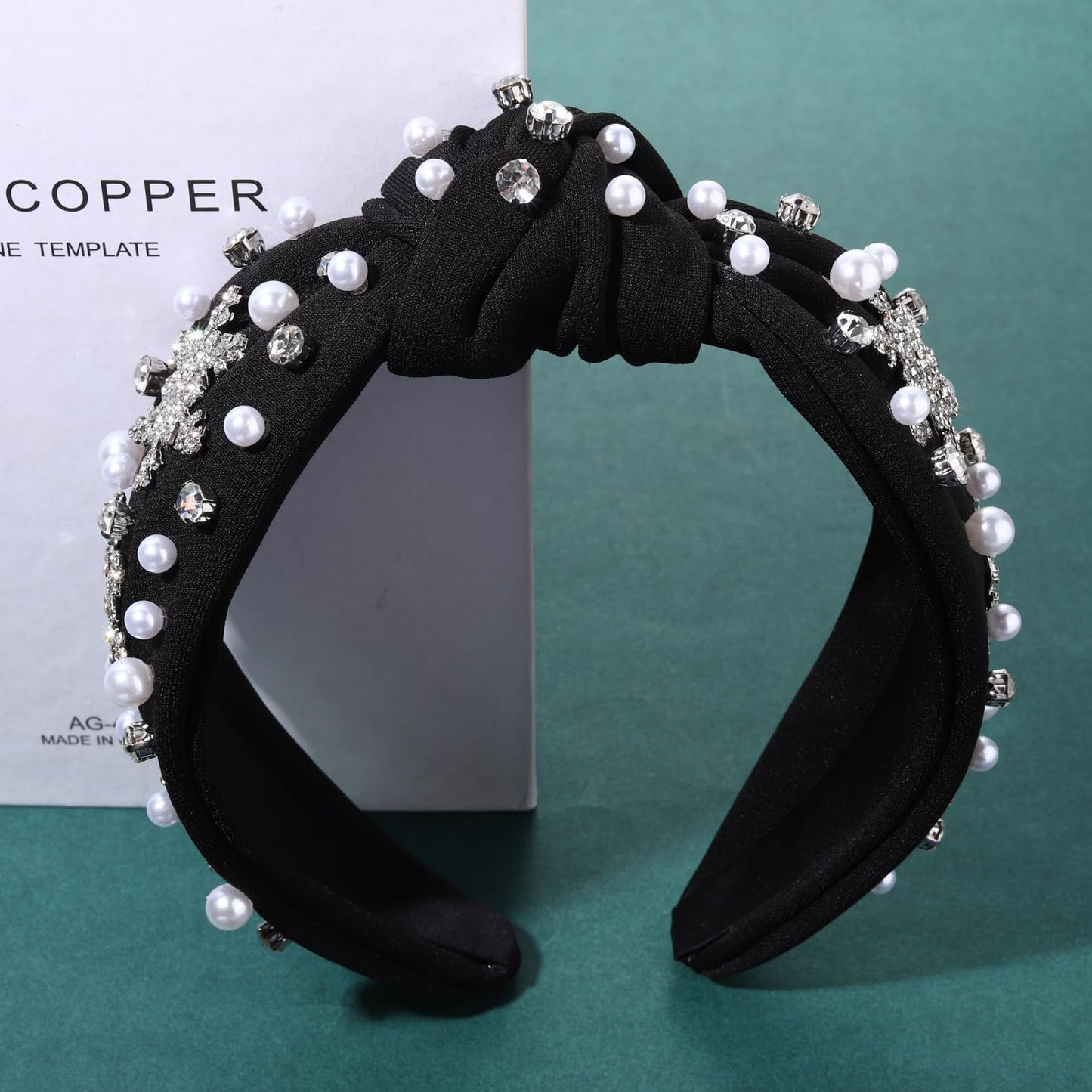 NVENF Jeweled Plaid Headband with Embellished Crystals and Pearls - Knotted Wide Top Knot Hair Accessory for Women, Holiday Outfits & Gifts