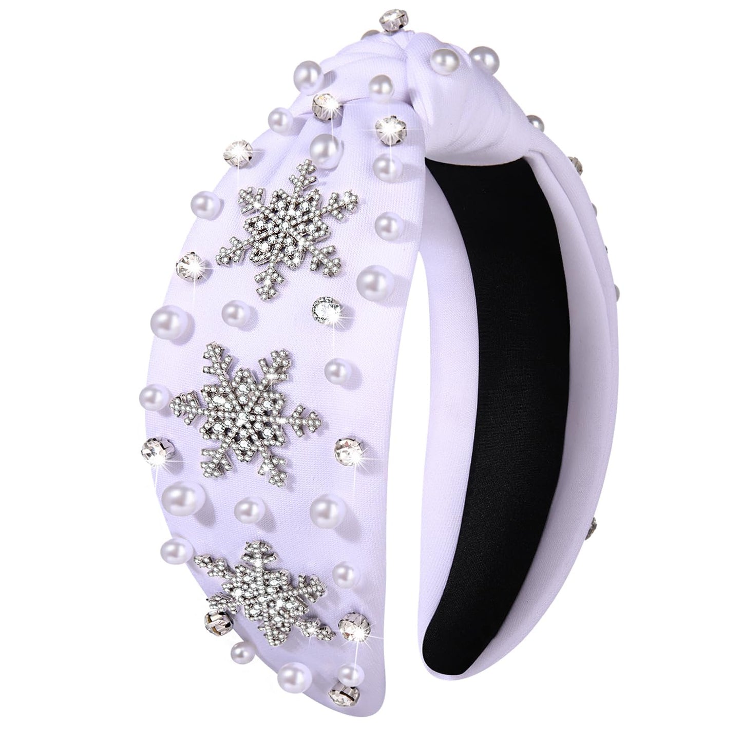 NVENF Jeweled Plaid Headband with Embellished Crystals and Pearls - Knotted Wide Top Knot Hair Accessory for Women, Holiday Outfits & Gifts