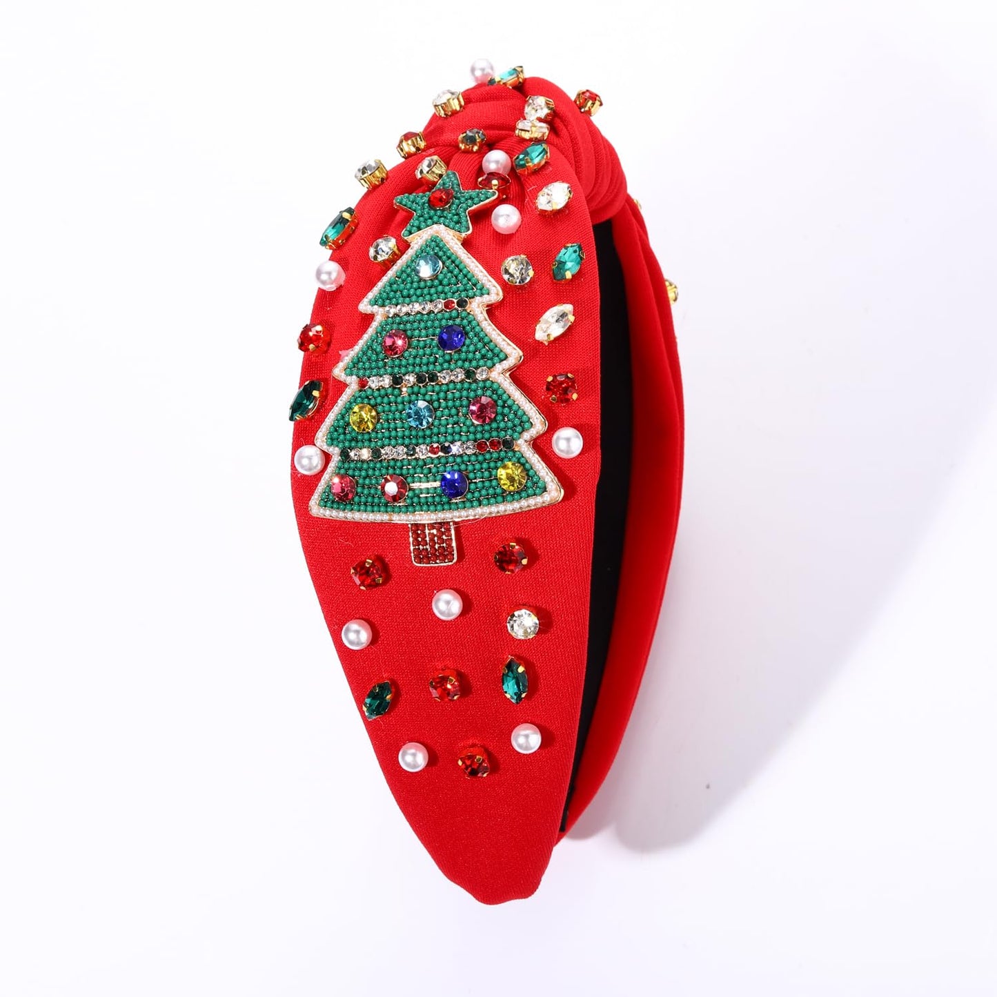 NVENF Jeweled Plaid Headband with Embellished Crystals and Pearls - Knotted Wide Top Knot Hair Accessory for Women, Holiday Outfits & Gifts