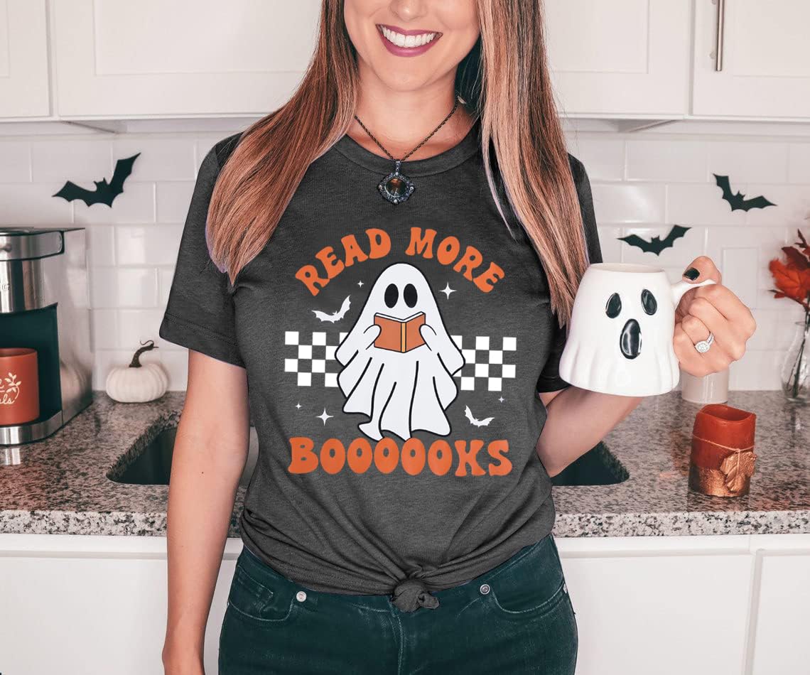Halloween Teacher Shirts for Women Groovy Read More Books Ghost T-Shirt Short Sleeve Halloween Party Tee Tops