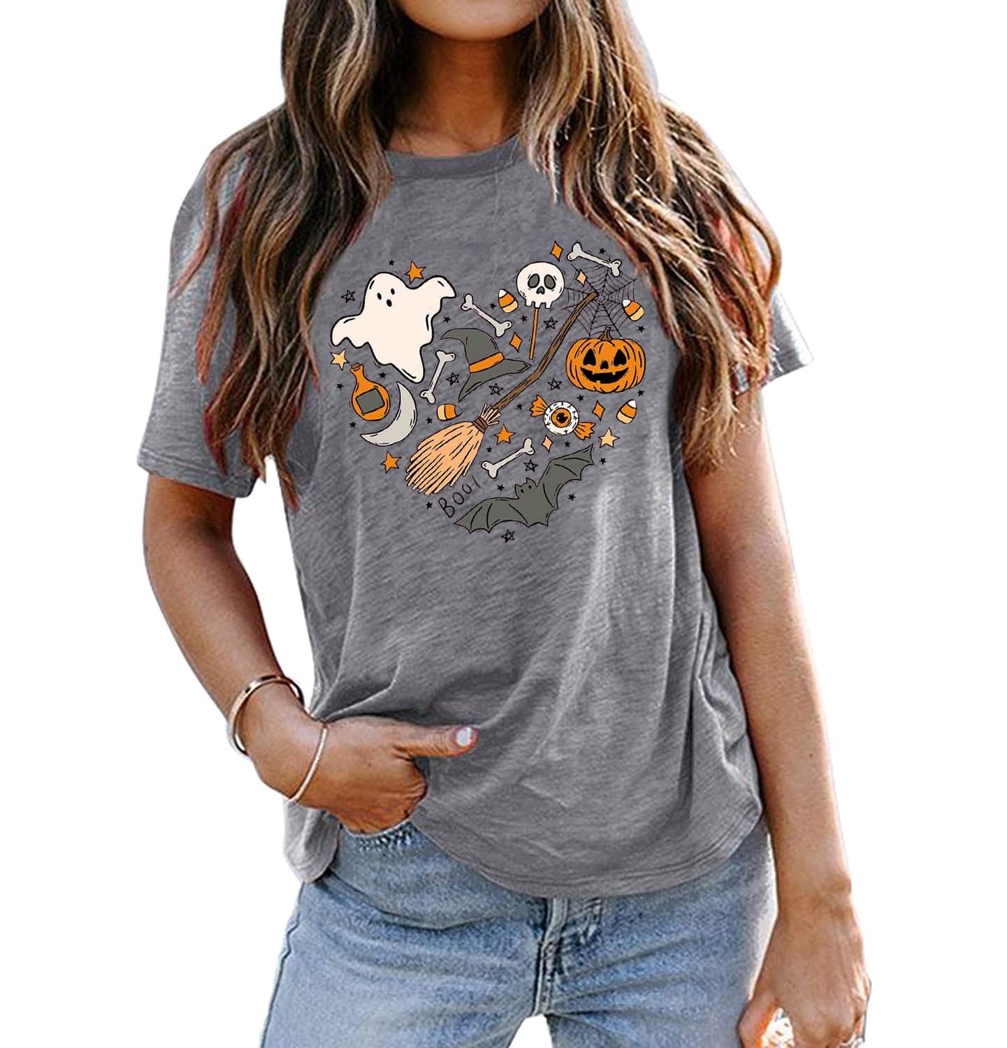 Halloween Doodles Shirt for Women Cute Vintage Graphic Halloween Party Tshirt Short Sleeve Fall Season Tees