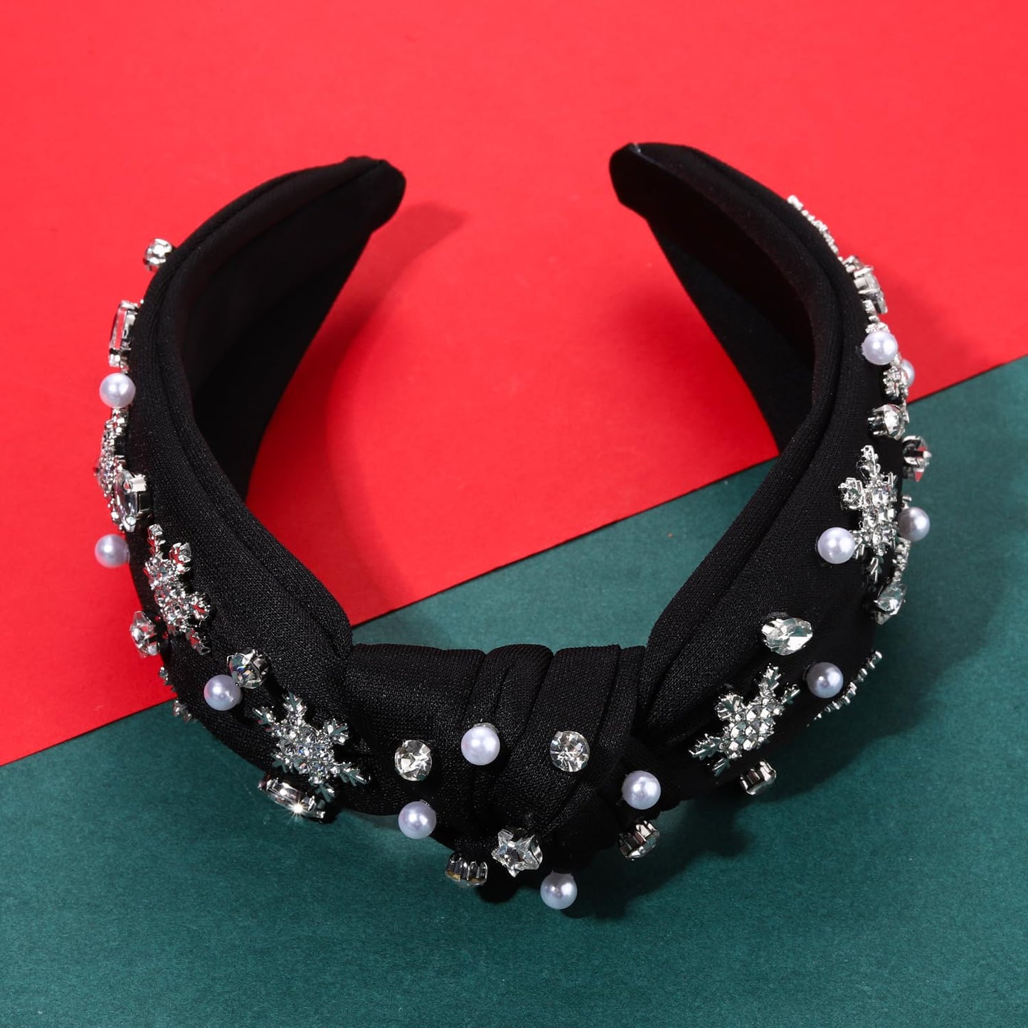 NVENF Jeweled Plaid Headband with Embellished Crystals and Pearls - Knotted Wide Top Knot Hair Accessory for Women, Holiday Outfits & Gifts