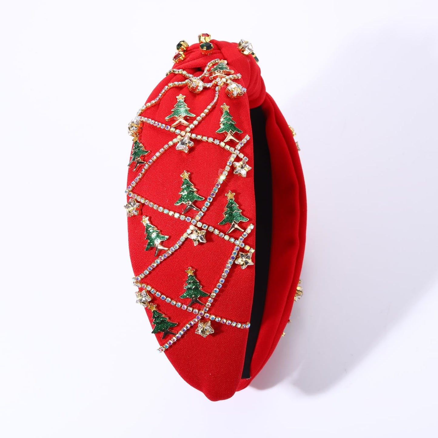 NVENF Jeweled Plaid Headband with Embellished Crystals and Pearls - Knotted Wide Top Knot Hair Accessory for Women, Holiday Outfits & Gifts