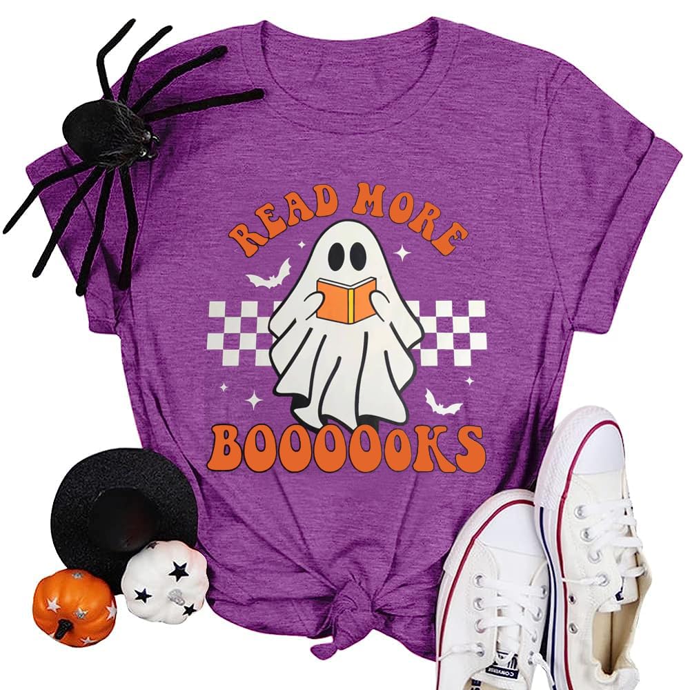 Halloween Teacher Shirts for Women Groovy Read More Books Ghost T-Shirt Short Sleeve Halloween Party Tee Tops