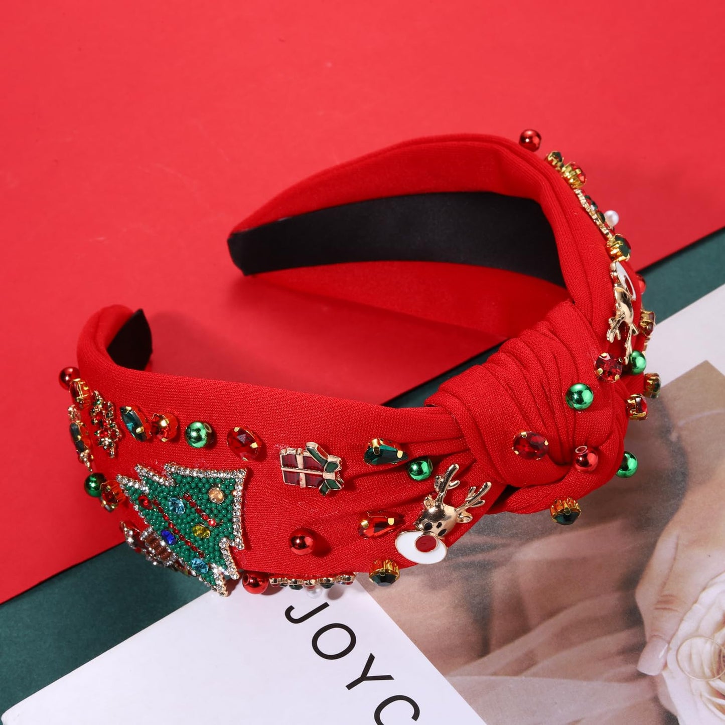 NVENF Jeweled Plaid Headband with Embellished Crystals and Pearls - Knotted Wide Top Knot Hair Accessory for Women, Holiday Outfits & Gifts