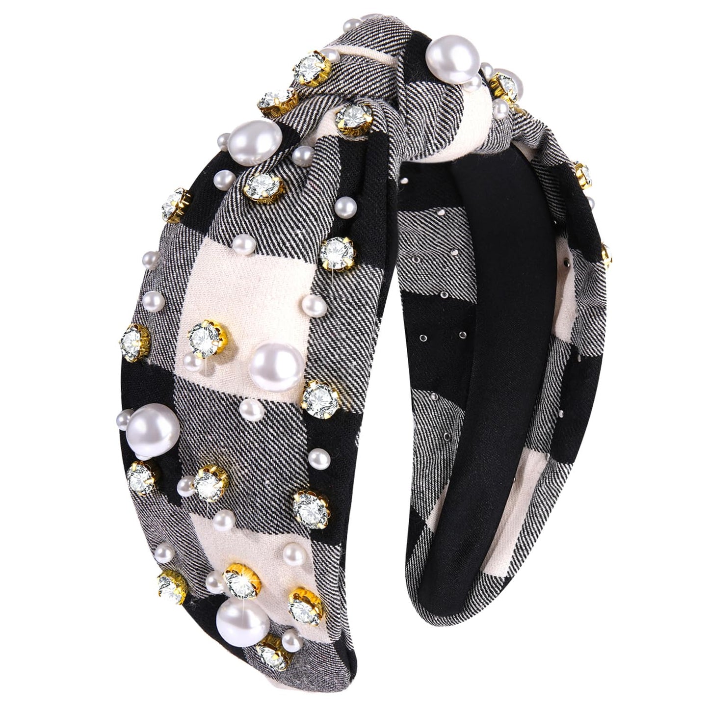 NVENF Jeweled Plaid Headband with Embellished Crystals and Pearls - Knotted Wide Top Knot Hair Accessory for Women, Holiday Outfits & Gifts