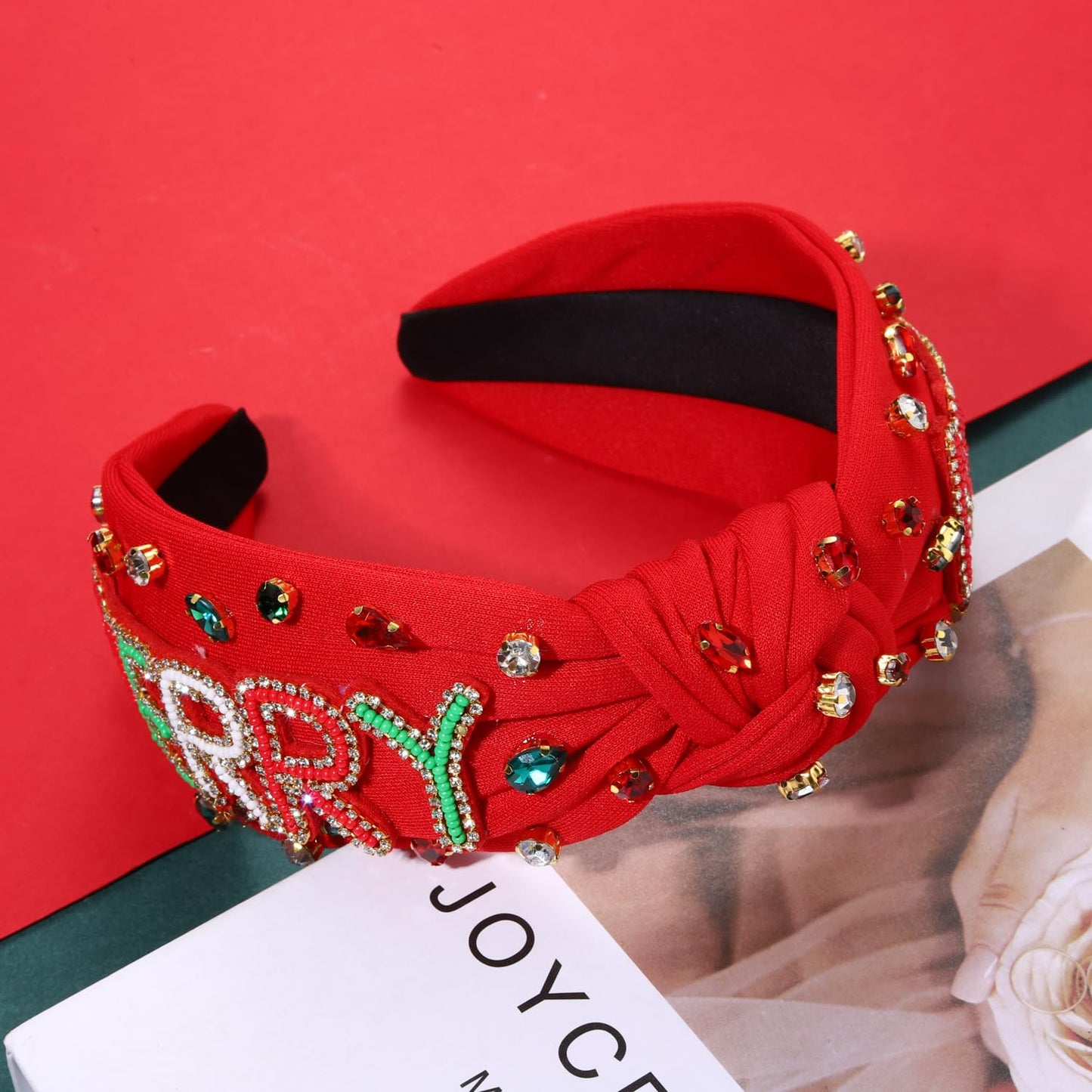 NVENF Jeweled Plaid Headband with Embellished Crystals and Pearls - Knotted Wide Top Knot Hair Accessory for Women, Holiday Outfits & Gifts