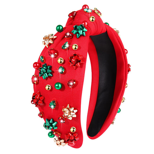NVENF Jeweled Plaid Headband with Embellished Crystals and Pearls - Knotted Wide Top Knot Hair Accessory for Women, Holiday Outfits & Gifts