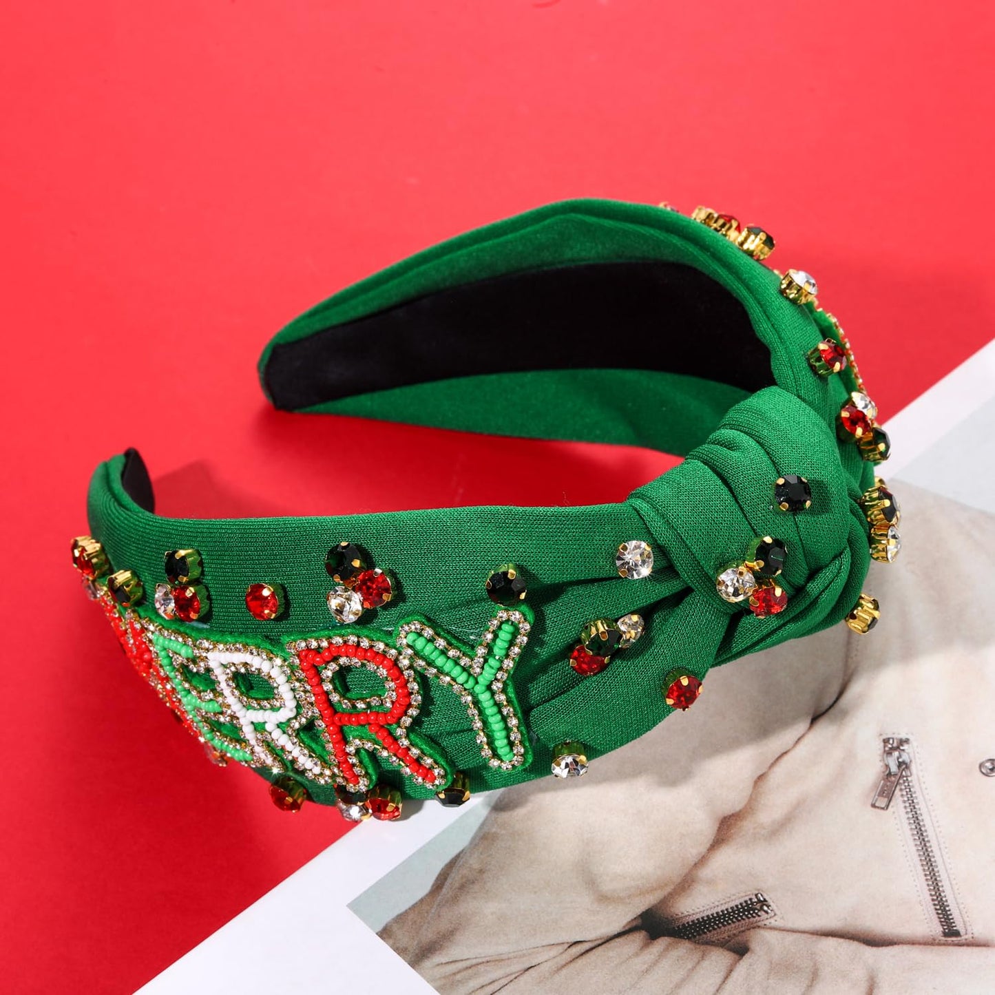 NVENF Jeweled Plaid Headband with Embellished Crystals and Pearls - Knotted Wide Top Knot Hair Accessory for Women, Holiday Outfits & Gifts