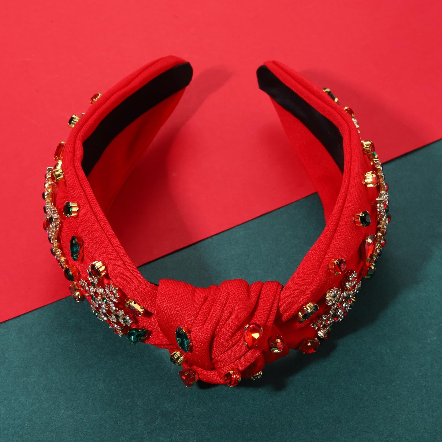 NVENF Jeweled Plaid Headband with Embellished Crystals and Pearls - Knotted Wide Top Knot Hair Accessory for Women, Holiday Outfits & Gifts