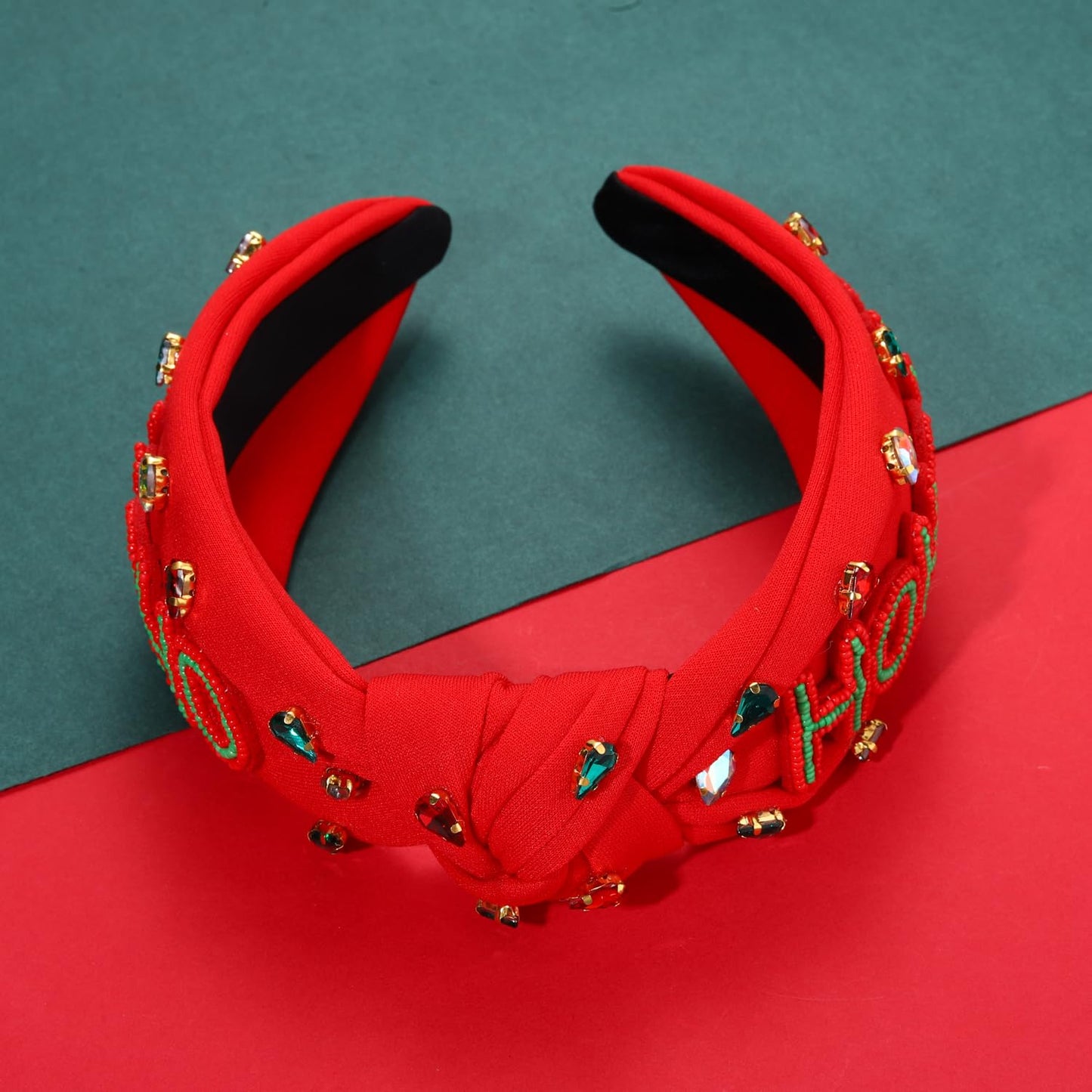 NVENF Jeweled Plaid Headband with Embellished Crystals and Pearls - Knotted Wide Top Knot Hair Accessory for Women, Holiday Outfits & Gifts