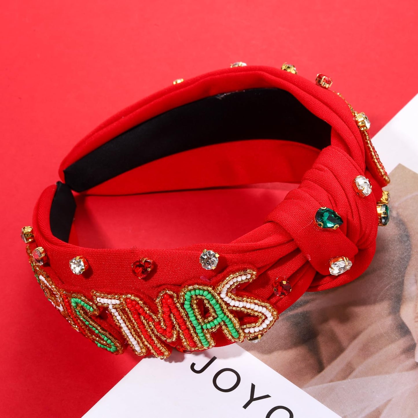 NVENF Jeweled Plaid Headband with Embellished Crystals and Pearls - Knotted Wide Top Knot Hair Accessory for Women, Holiday Outfits & Gifts