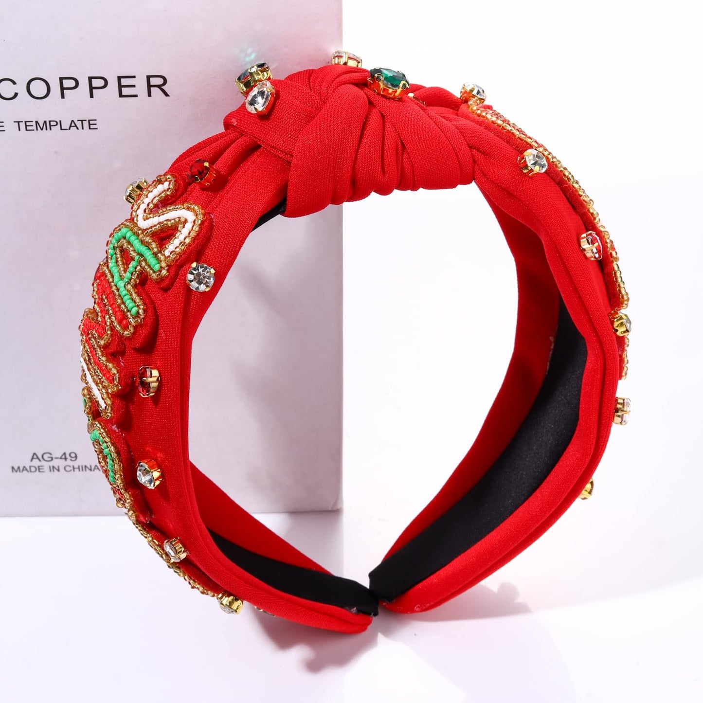 NVENF Jeweled Plaid Headband with Embellished Crystals and Pearls - Knotted Wide Top Knot Hair Accessory for Women, Holiday Outfits & Gifts