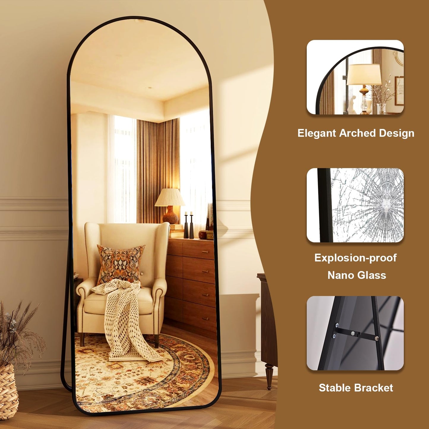 HARRITPURE 64"x21" Arched Full Length Mirror Free Standing Leaning Mirror Hanging Mounted Mirror Aluminum Frame Modern Simple Home Decor for Living Room Bedroom Cloakroom, Gold