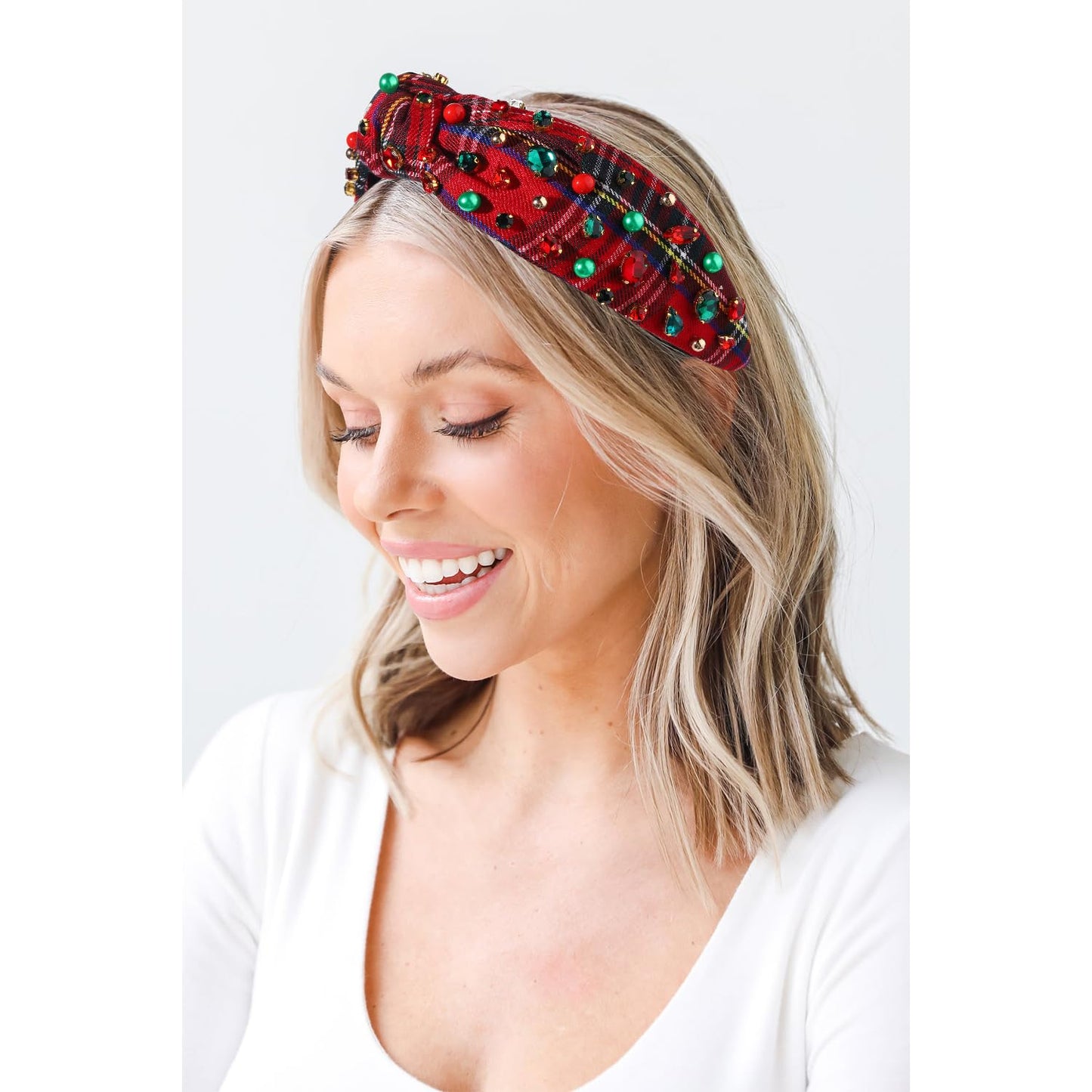 NVENF Jeweled Plaid Headband with Embellished Crystals and Pearls - Knotted Wide Top Knot Hair Accessory for Women, Holiday Outfits & Gifts
