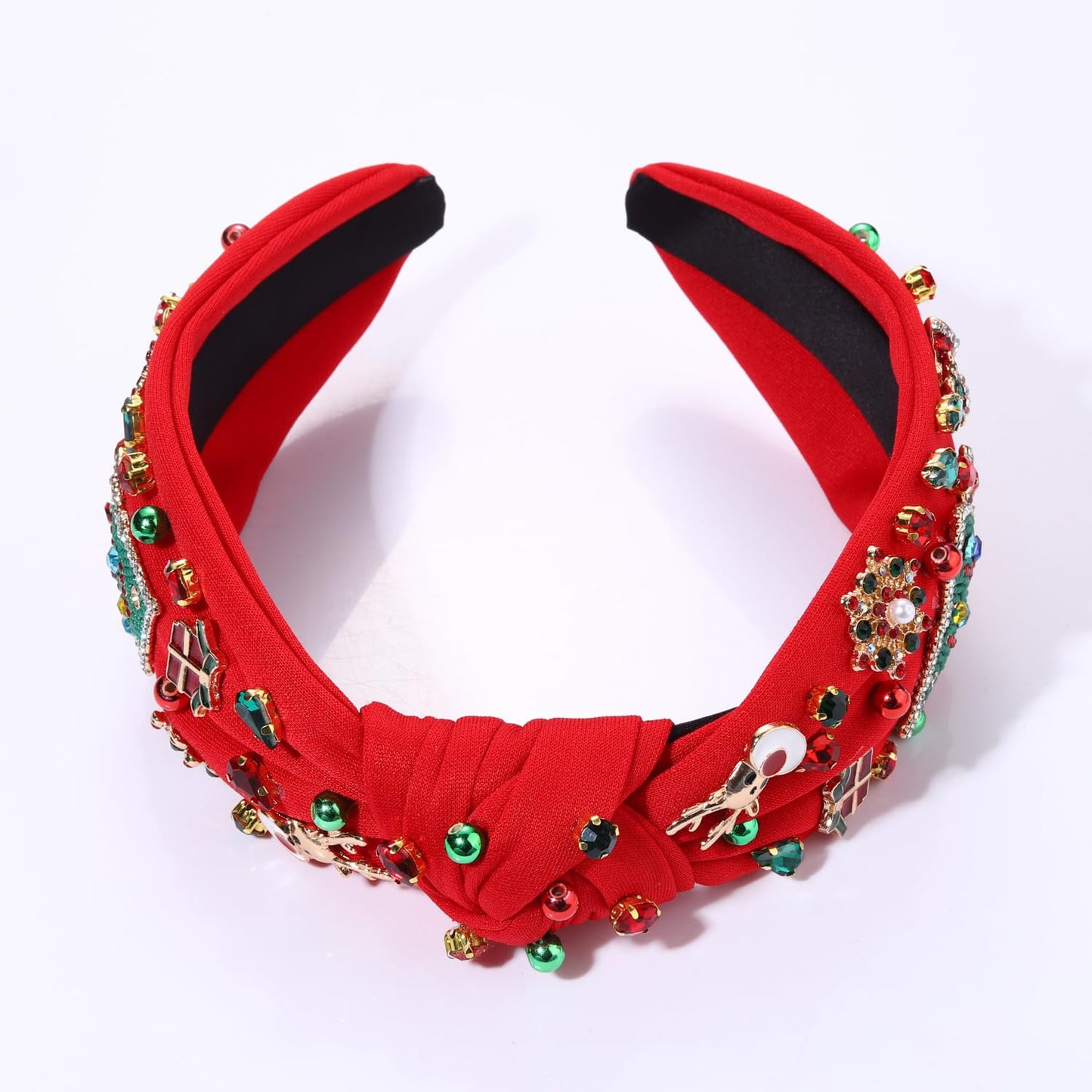 NVENF Jeweled Plaid Headband with Embellished Crystals and Pearls - Knotted Wide Top Knot Hair Accessory for Women, Holiday Outfits & Gifts