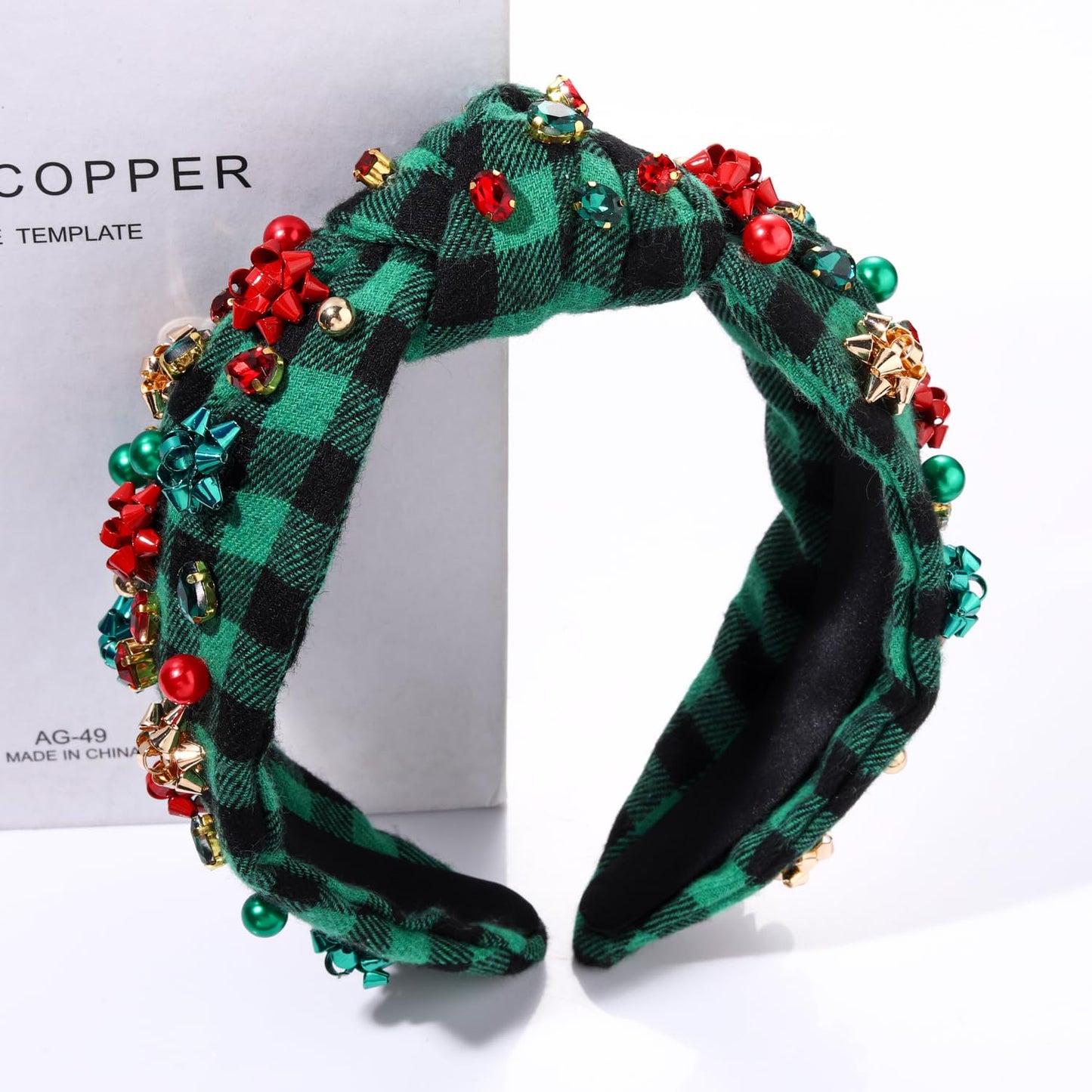 NVENF Jeweled Plaid Headband with Embellished Crystals and Pearls - Knotted Wide Top Knot Hair Accessory for Women, Holiday Outfits & Gifts