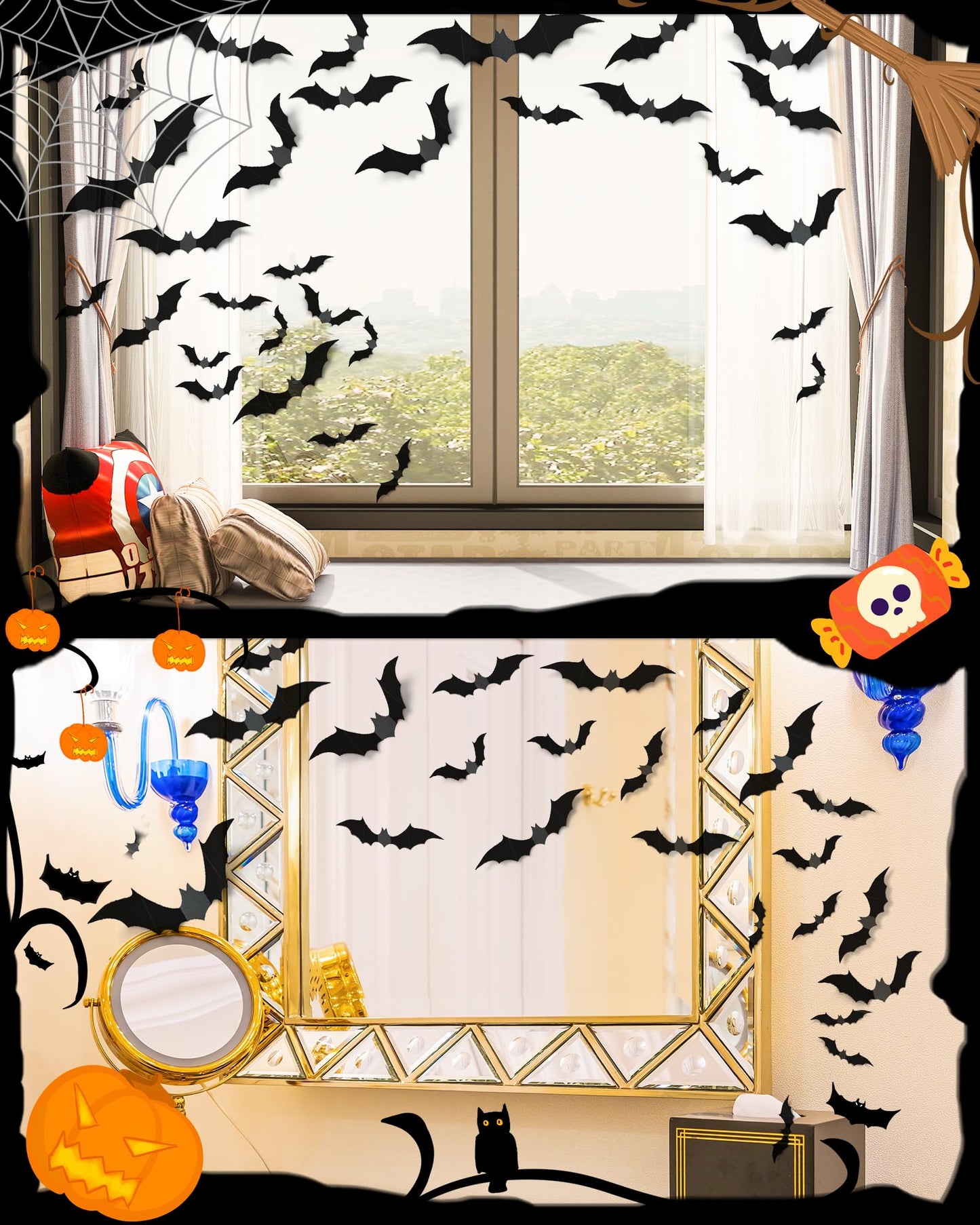 120 Pcs Halloween Decorations 3D Bats Decor, 4 Sizes Scary Halloween Decor Indoor Bat Stickers Halloween Decorations for Bedroom Bathroom Door Wall Decor Halloween Party Decorations